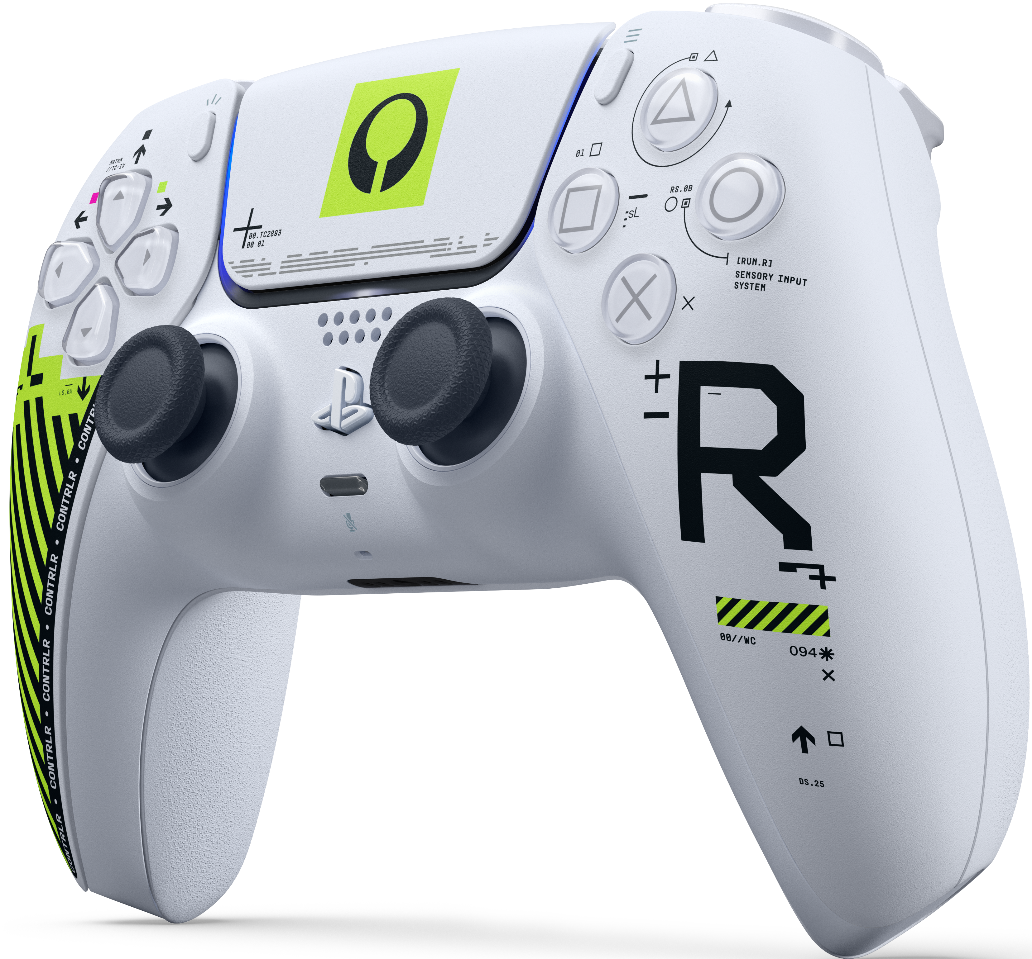 Ein weißer Controller mit schwarzen und neongrünen Markierungen, R-Symbol.