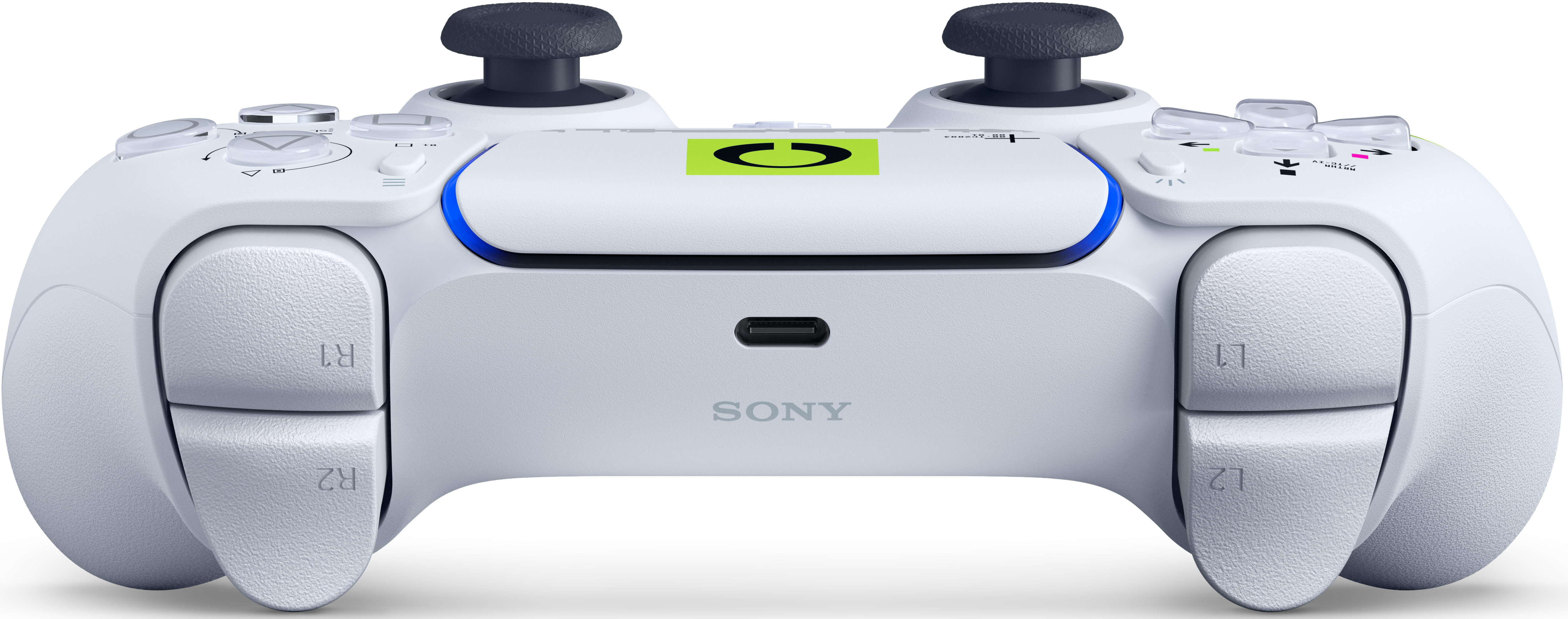 Ein weißer Sony-Controller mit schwarzen Joysticks, blauer Beleuchtung und einem grünen Logo.