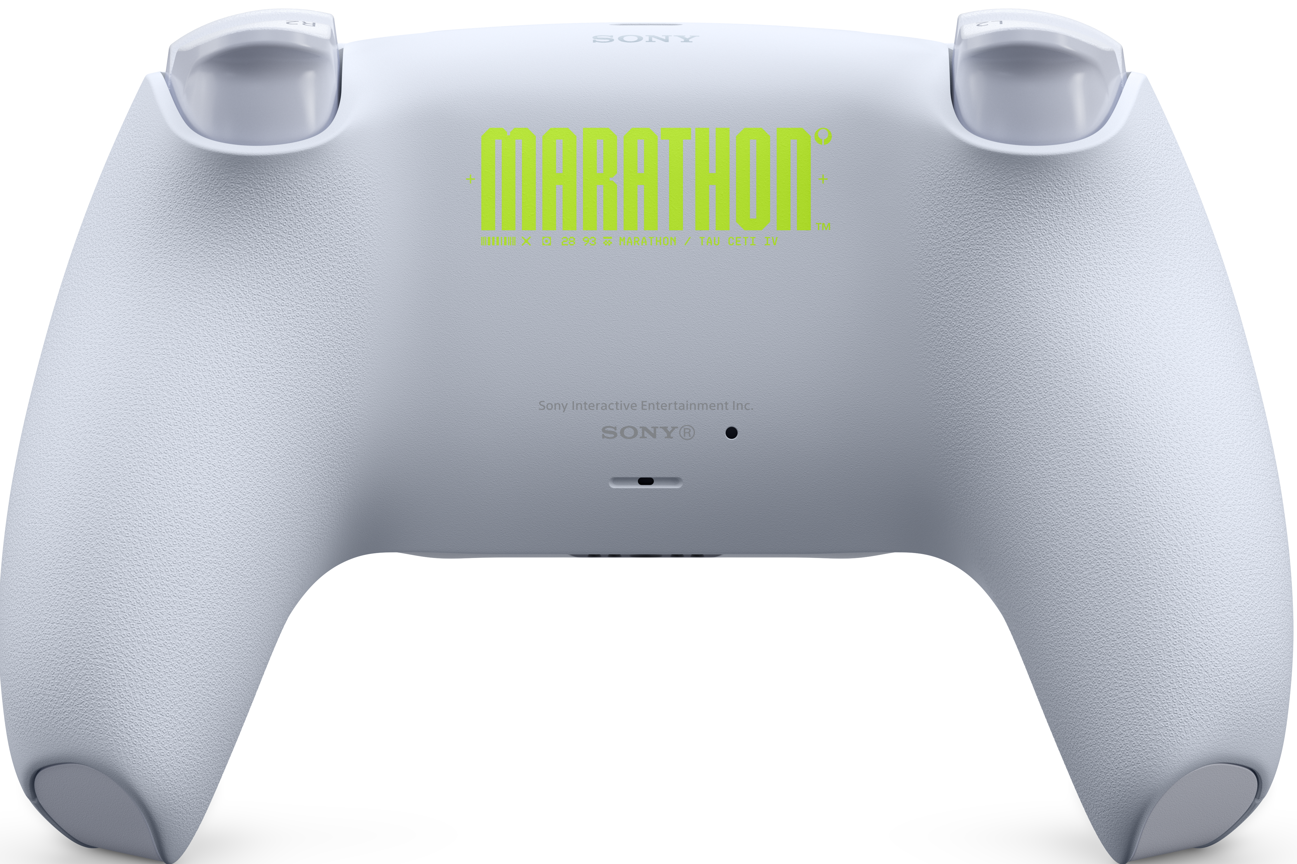 Eine weiße Spielkonsole mit dem Logo „MARATHON“ in Neon-Grün.