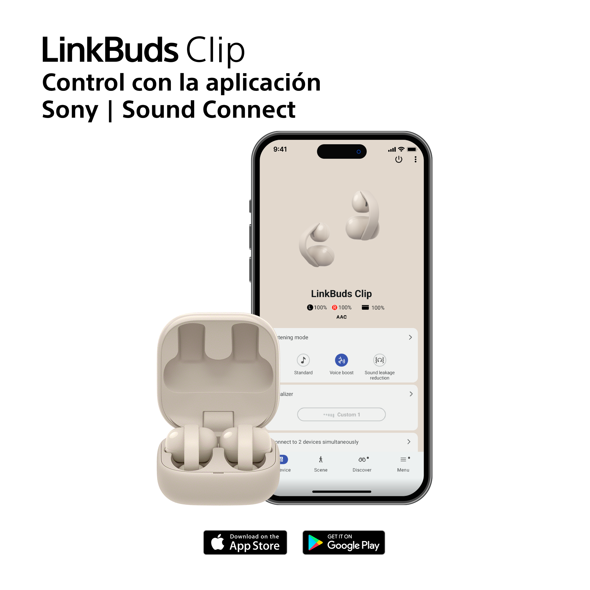 Auriculares LinkBuds Clip y app de smartphone. Estuche de carga beige.