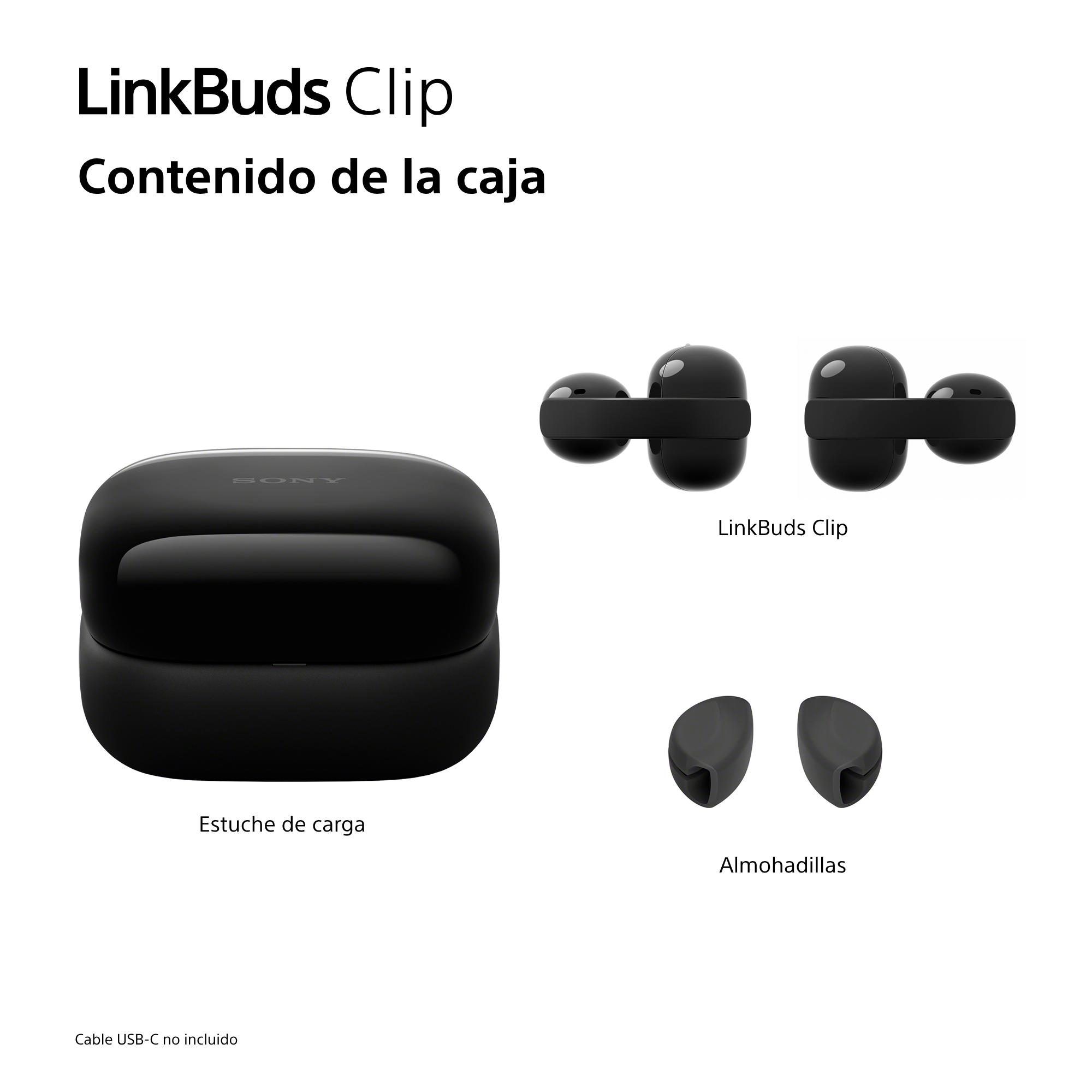 Estuche negro Sony LinkBuds Clip, auriculares y almohadillas. Cable USB-C no incluido.