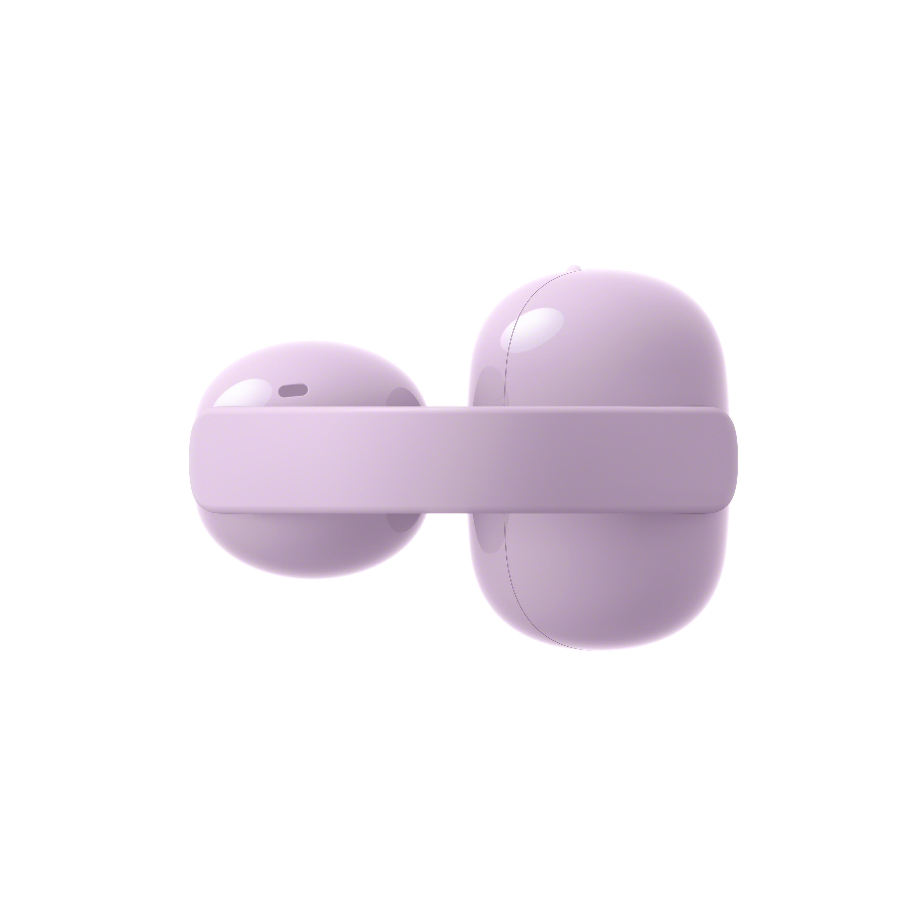 Dos auriculares brillantes lavanda conectados por una banda.
