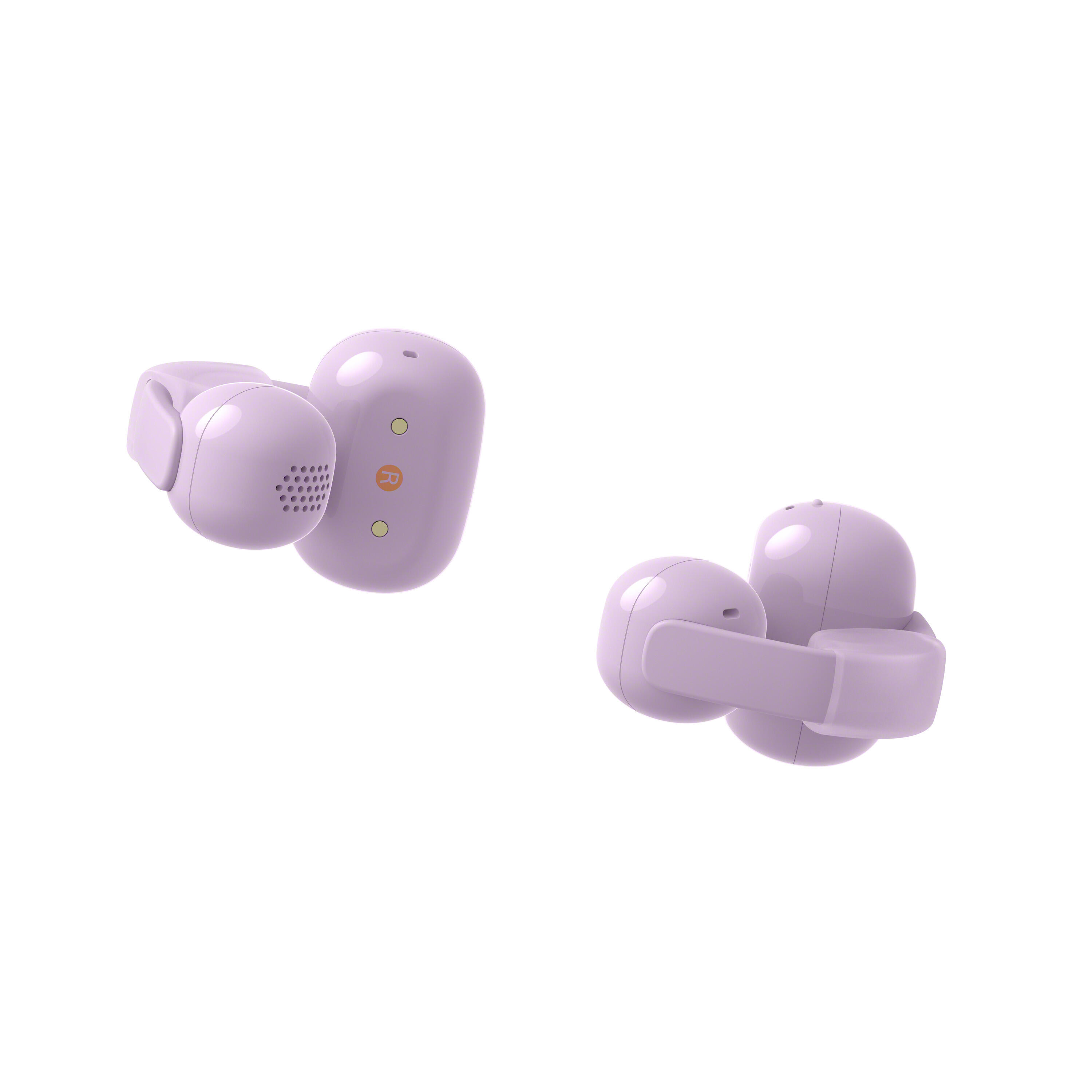Dos auriculares inalámbricos lavanda, aislados sobre fondo blanco.