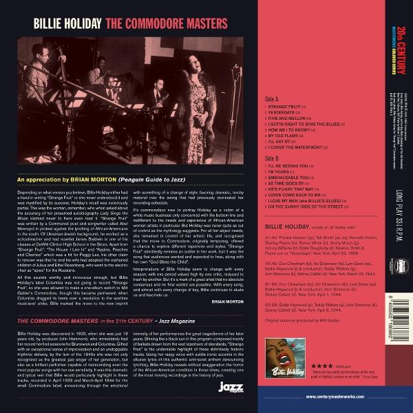 Billie Holiday, Commodore Masters Albumcover mit Bandfoto und Trackliste.