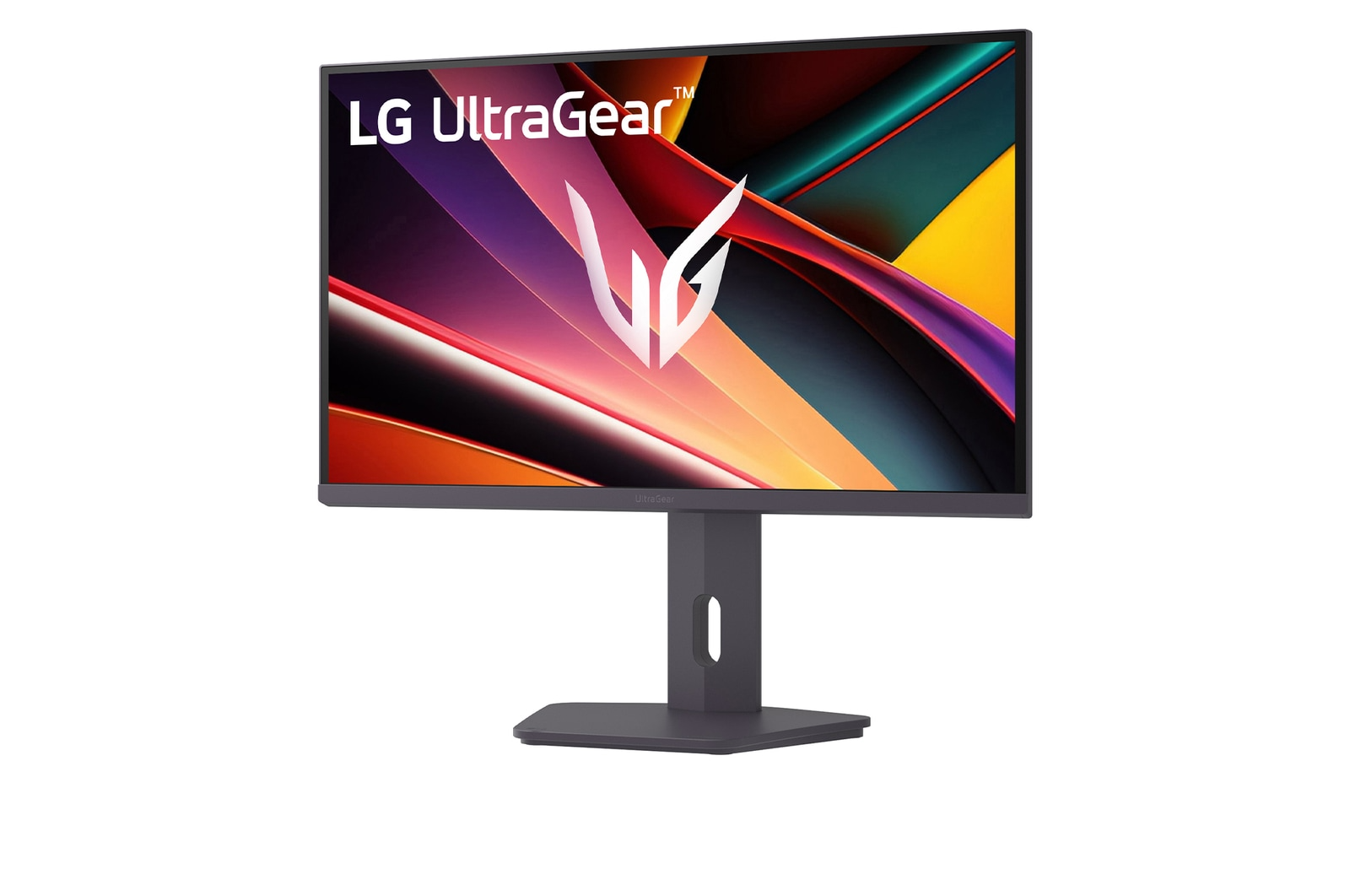 Egy LG UltraGear gamer monitor élénk, absztrakt háttérrel.