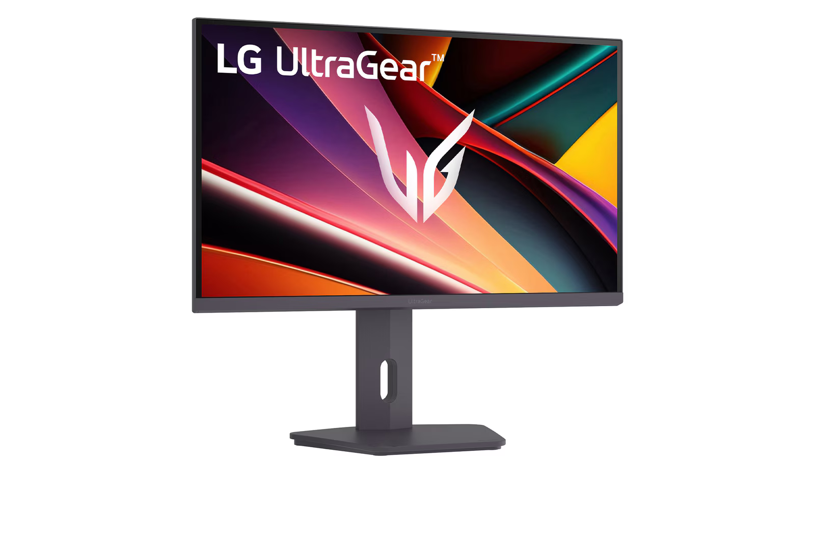 Egy sötétszürke LG UltraGear monitor élénk, absztrakt háttérképet és LG logót jelenít meg.