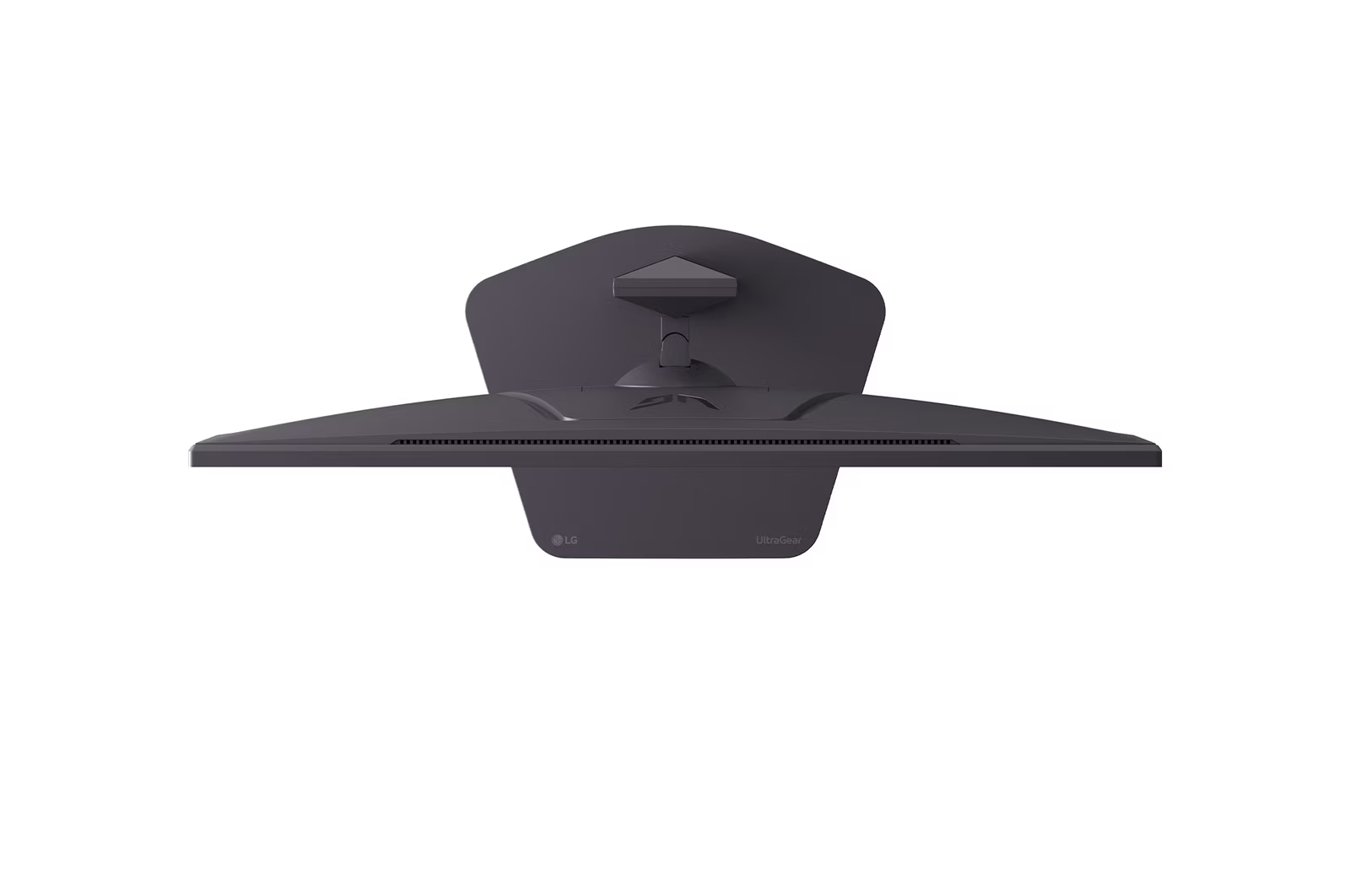 Sötét LG UltraGear monitor hajlított képernyővel felülnézetből.