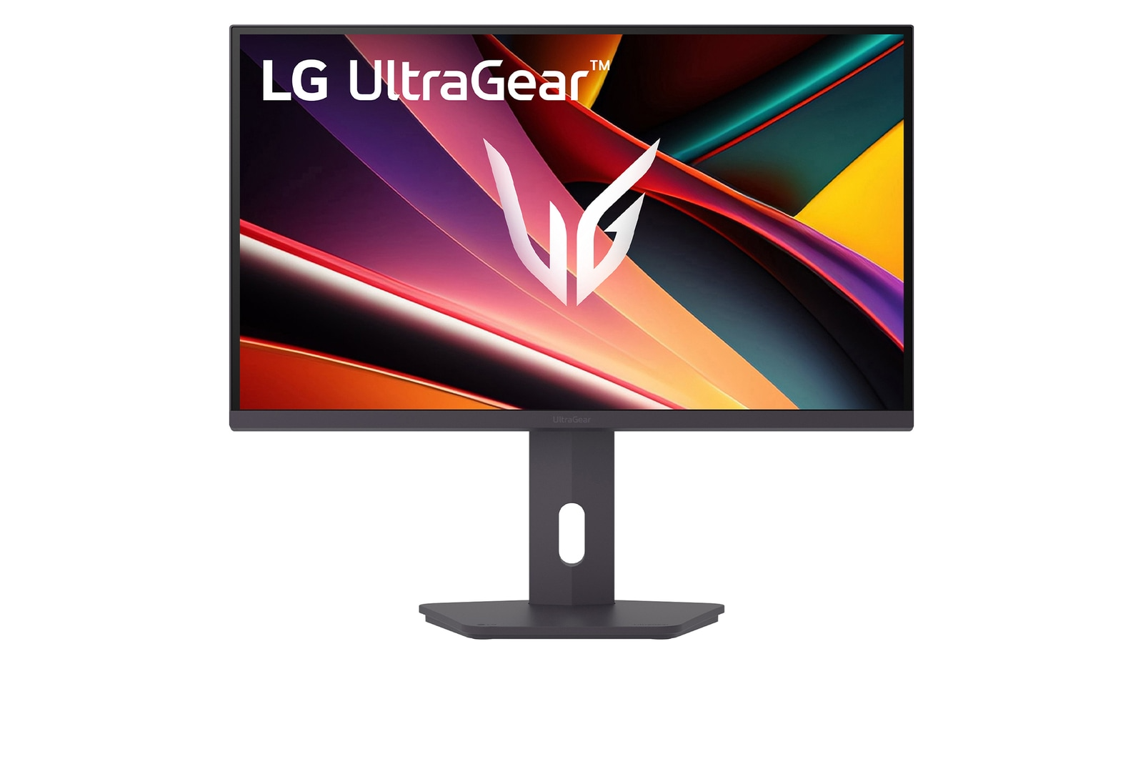 Egy LG UltraGear monitor színes, absztrakt háttérrel és fehér logóval.