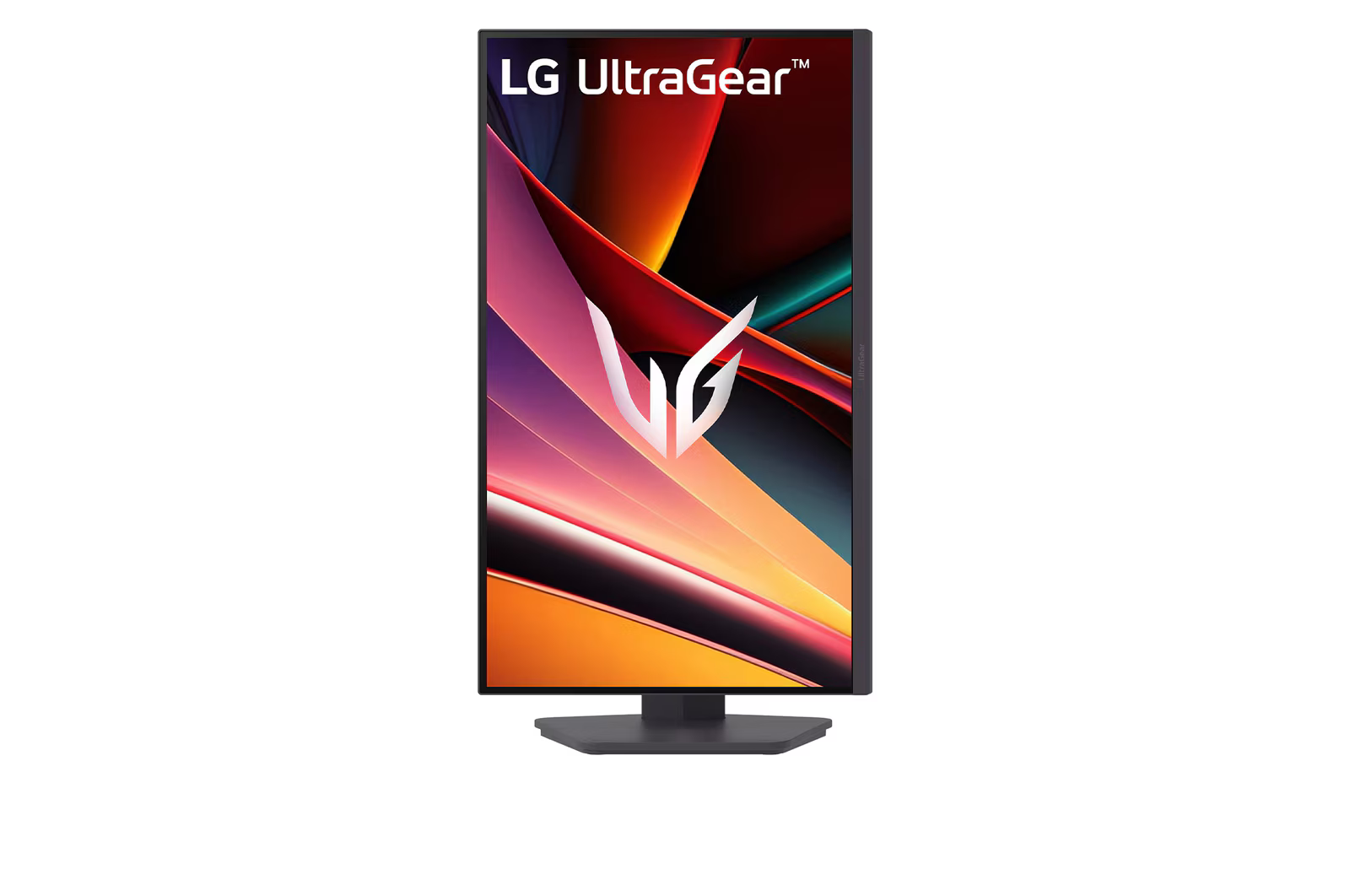 Egy LG UltraGear gamer monitor, absztrakt, színes háttérrel és LG logóval.