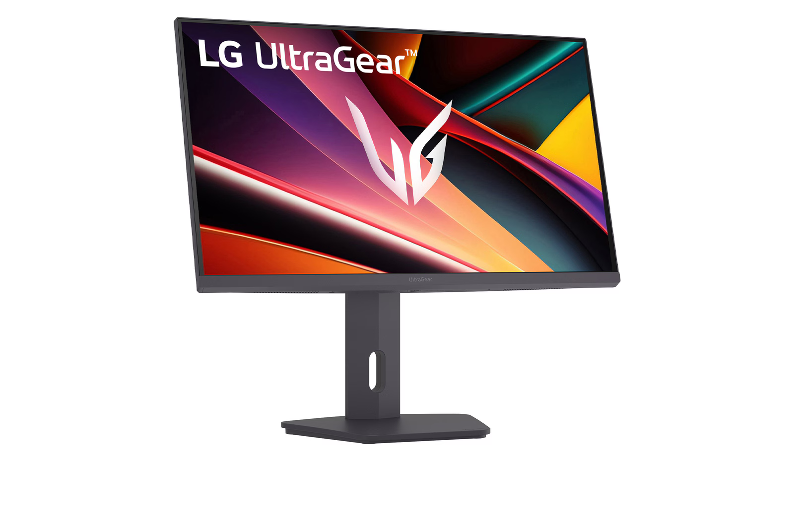 Egy LG UltraGear monitor, absztrakt, színes háttérképpel.
