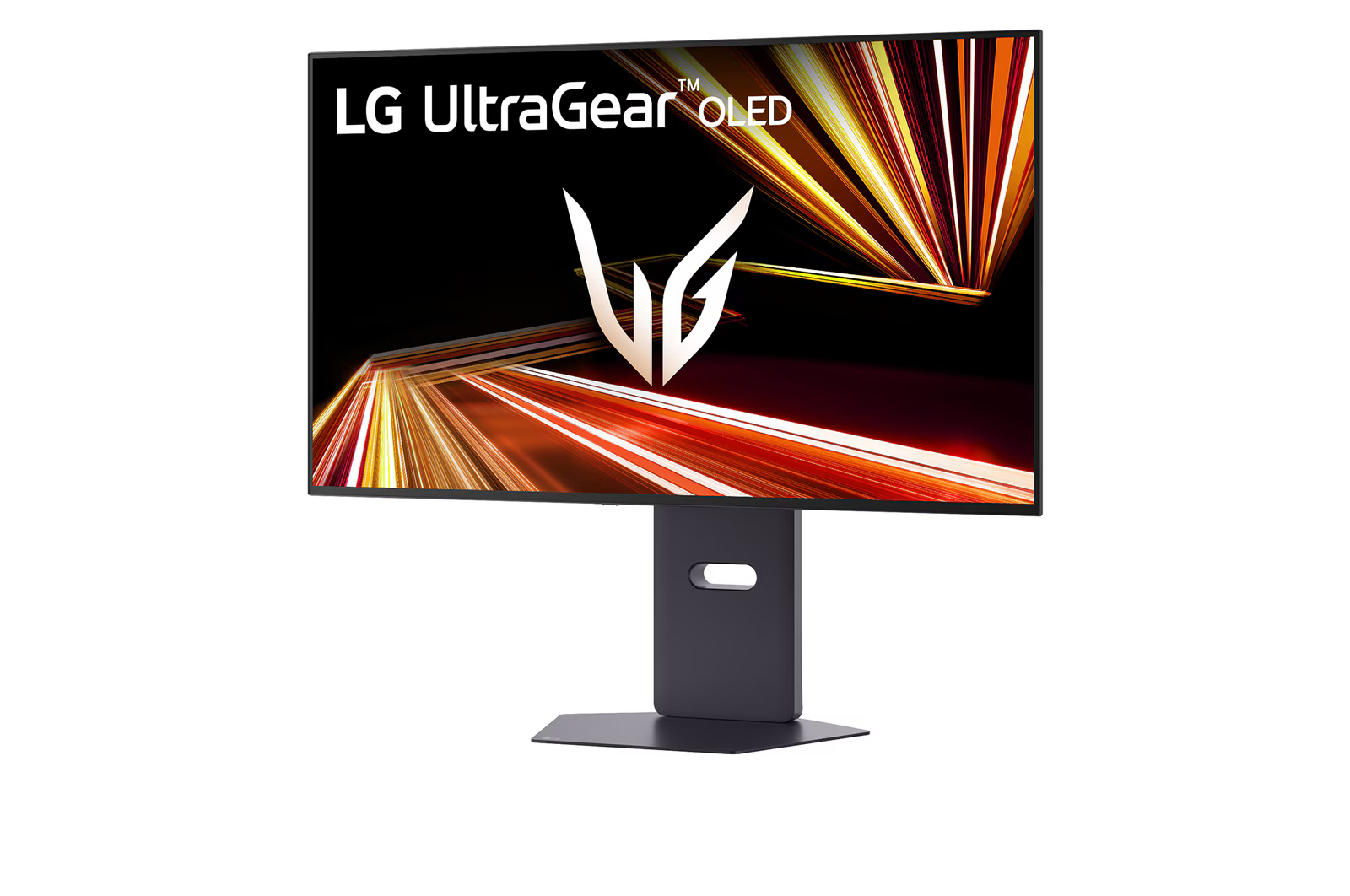 Egy LG UltraGear OLED monitor feltűnő logóval és absztrakt háttérrel.