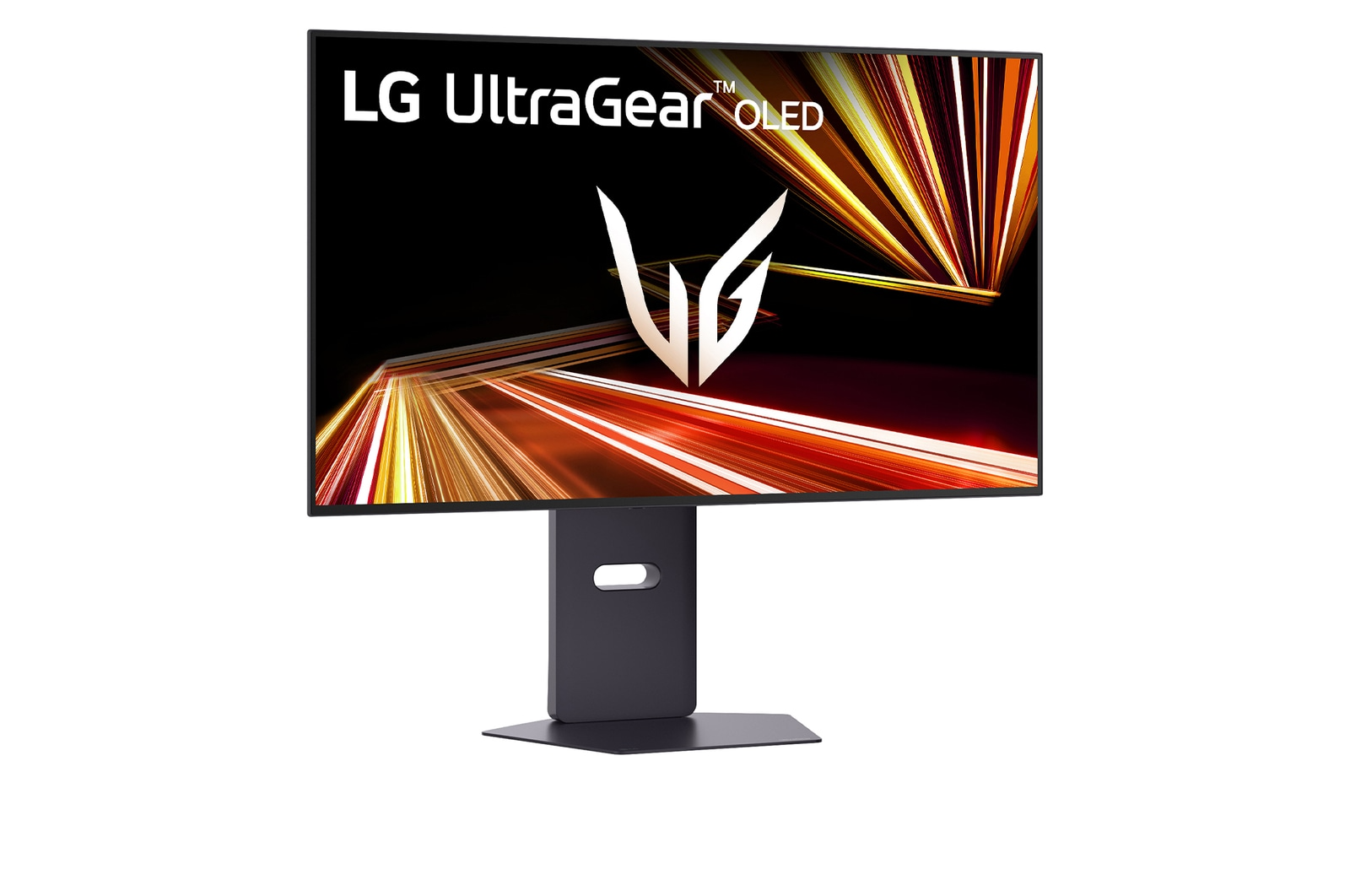 Egy LG UltraGear OLED monitor sötét állvánnyal és színes háttérrel.