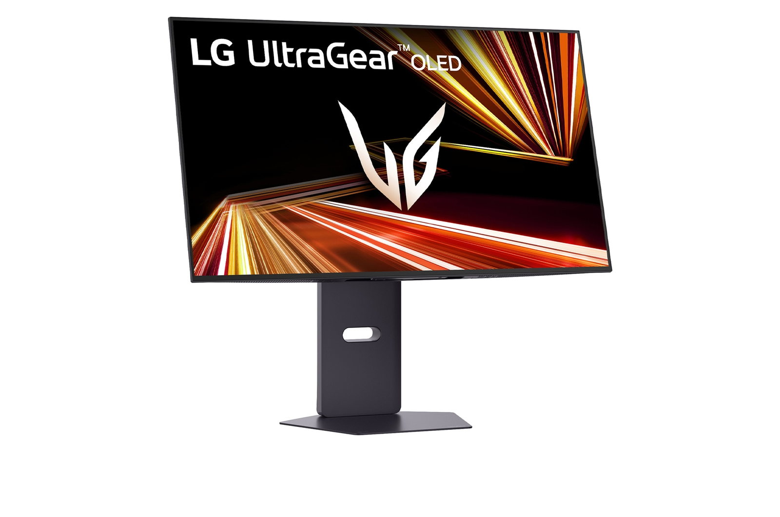 Egy fekete LG UltraGear OLED monitor absztrakt, világító háttérrel.
