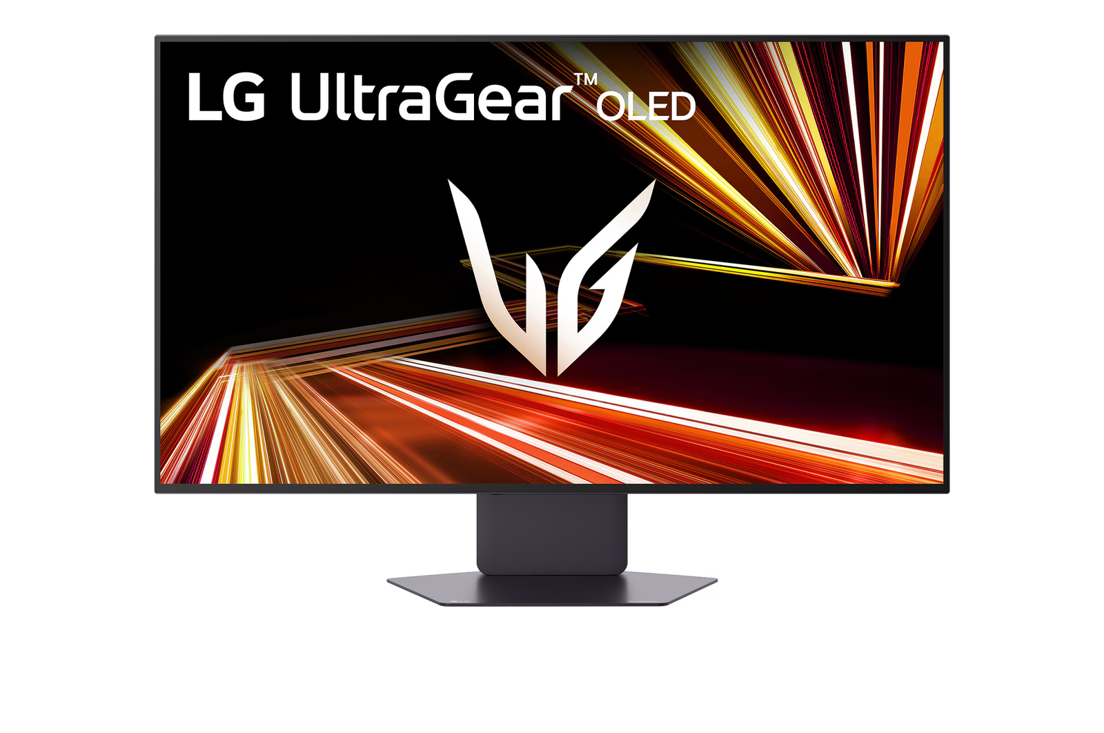 LG UltraGear OLED monitor dinamikus narancssárga fénycsík háttérrel és LG logóval.