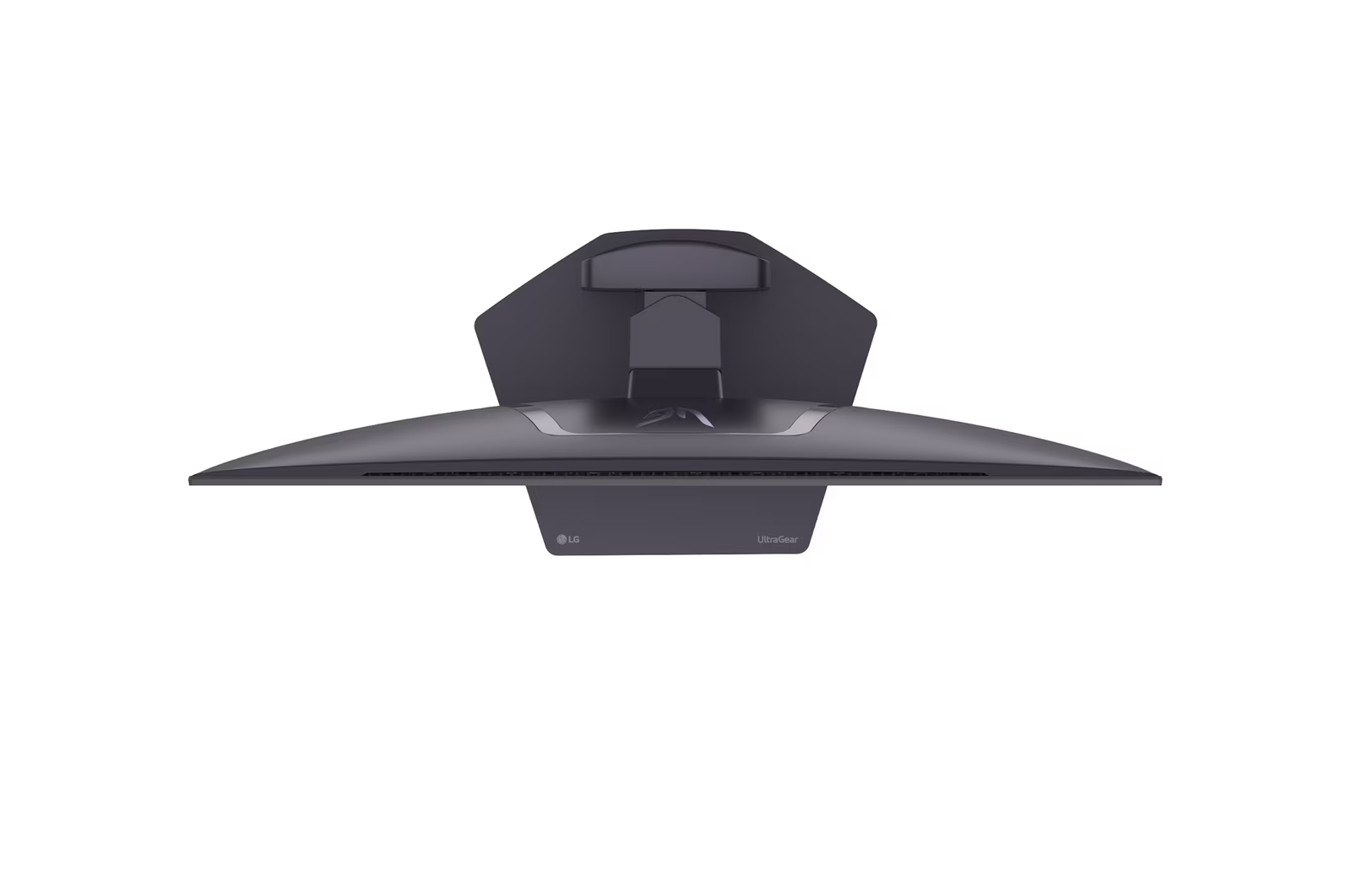 Sötét, ívelt LG UltraGear monitor állvánnyal felülnézetből.