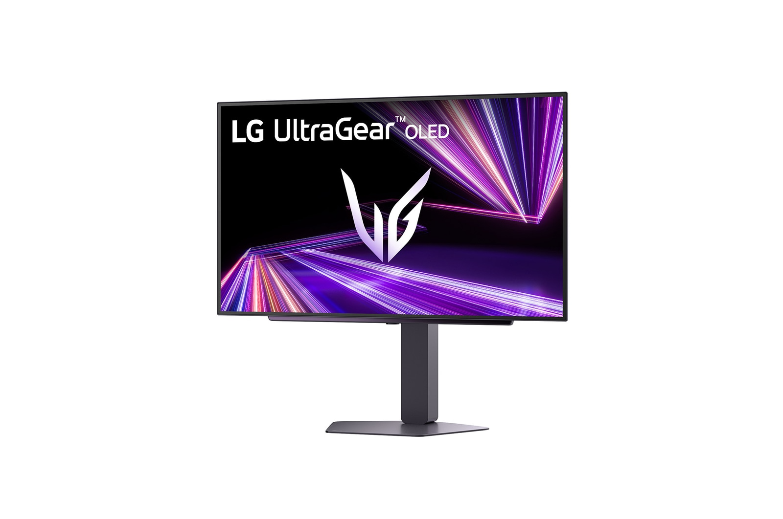 Egy LG UltraGear OLED monitor, amely absztrakt lila fény mintázatot jelenít meg a képernyőn.