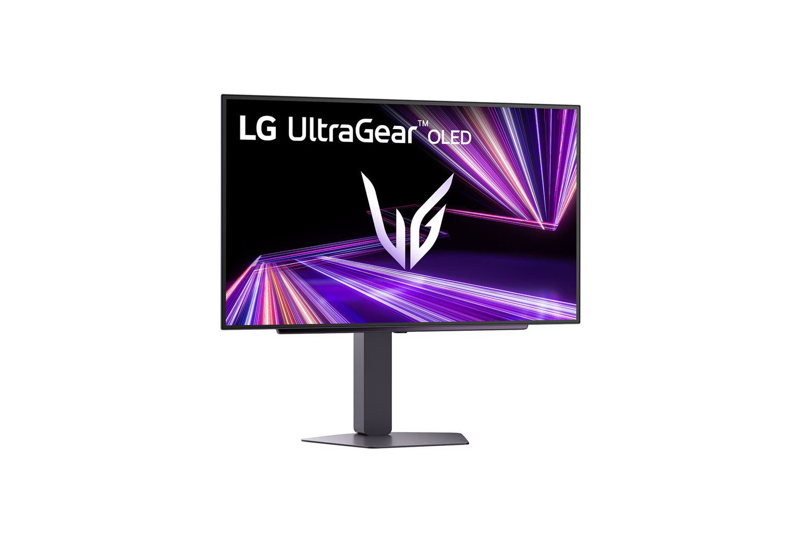 Egy LG UltraGear OLED monitor stilizált V logóval és fénysugarakkal.