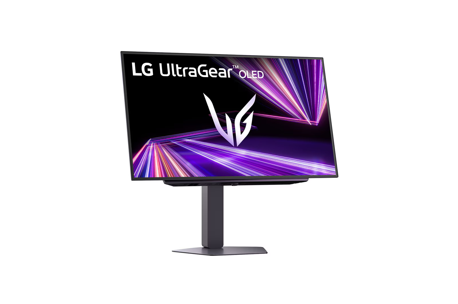 Egy LG UltraGear OLED monitor stilizált logóval és lila fénysugarakkal.
