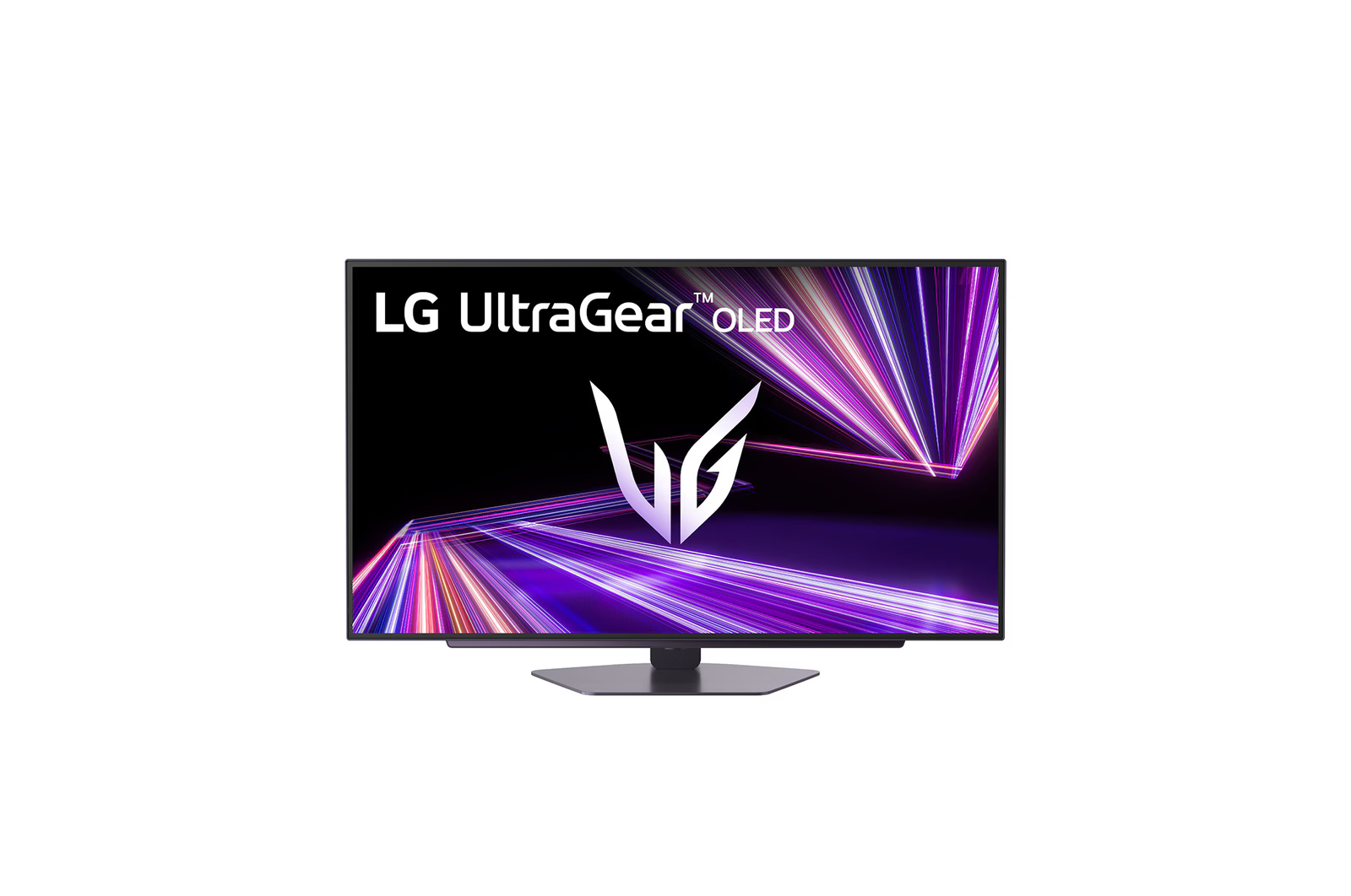 LG UltraGear OLED monitor stilizált V logóval és lila fénysugár mintával.