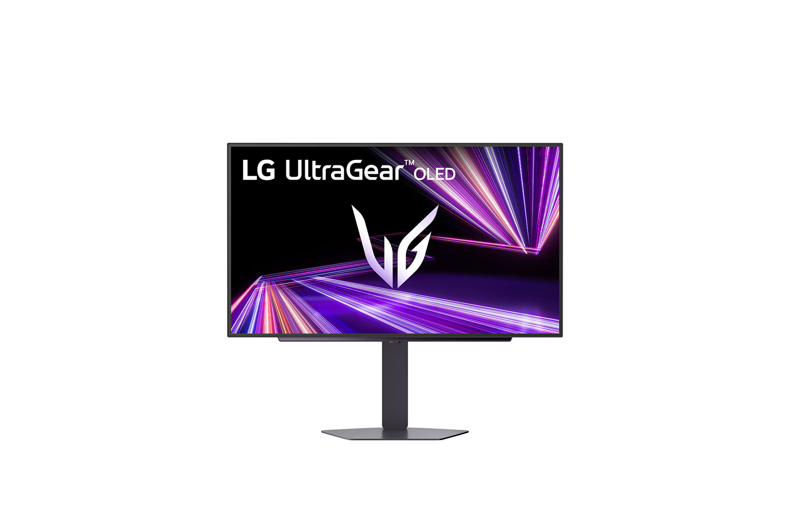 Egy LG UltraGear OLED monitor, absztrakt lila fénysugár grafikával.