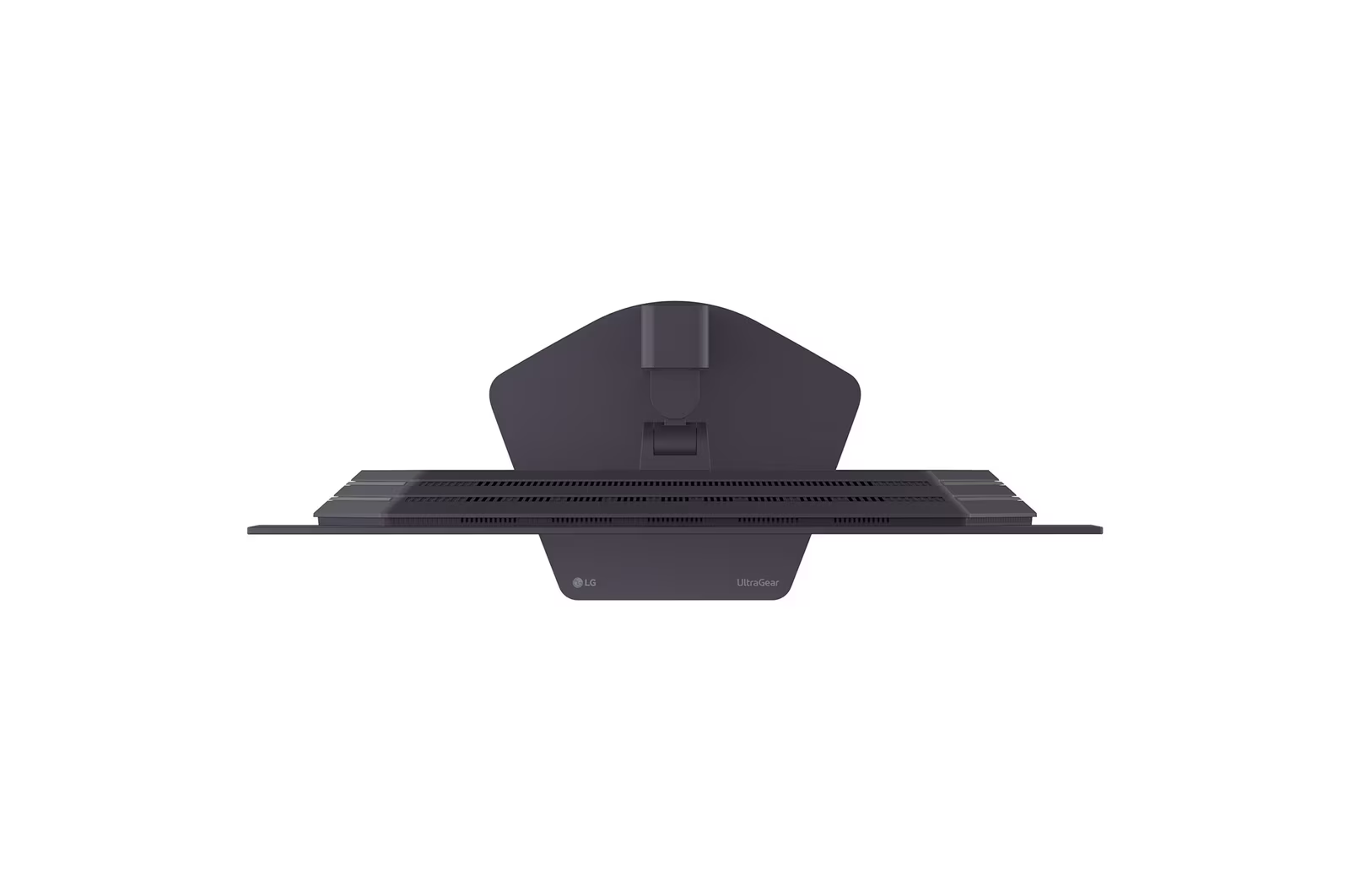 Sötét LG UltraGear monitor hátulnézete, állvánnyal.