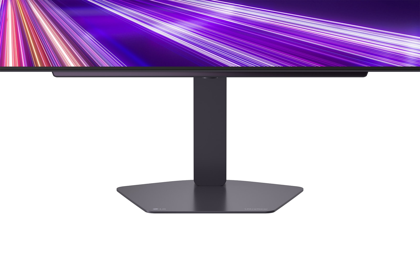 Sötét monitorállvány stilizált, lila és fehér fénynyomokkal ellátott képernyővel.