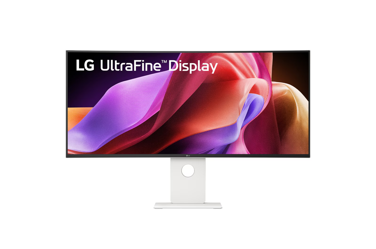 LG UltraFine Display: Széles monitor színes, hullámzó háttérrel.