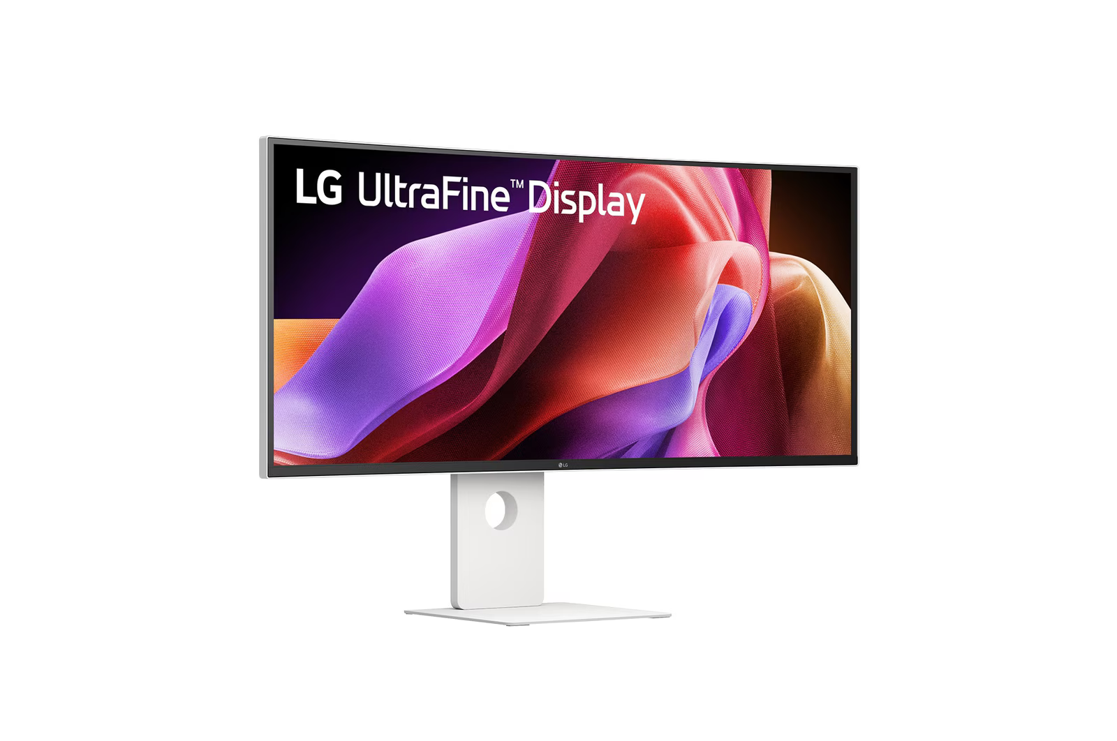 Egy LG UltraFine kijelző színes, áramló háttérrel, fehér állványon.