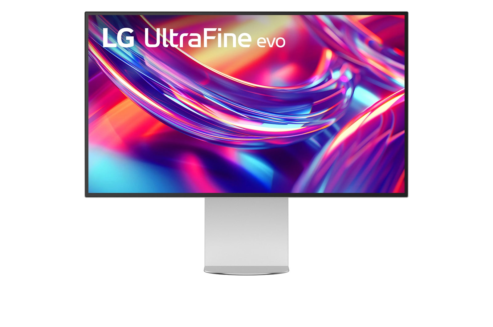 LG UltraFine evo monitor absztrakt, színes háttérrel és ezüst állvánnyal.