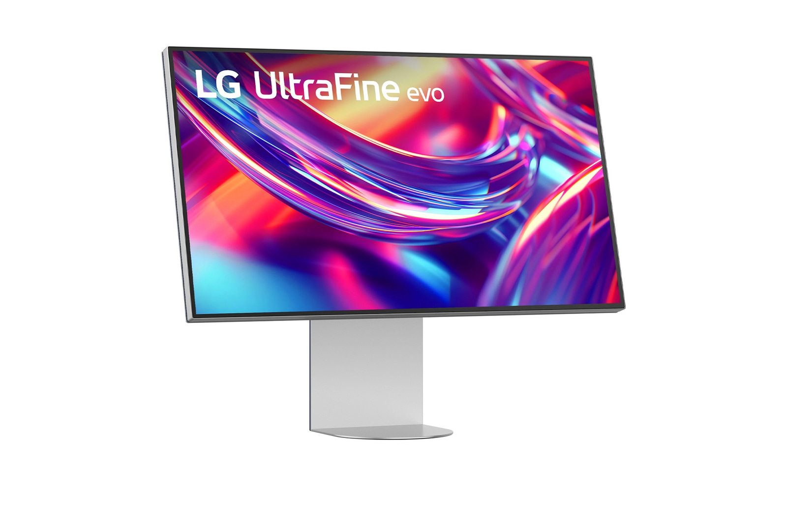 Egy LG UltraFine Evo monitor színes absztrakt háttérrel, ezüst állványon.