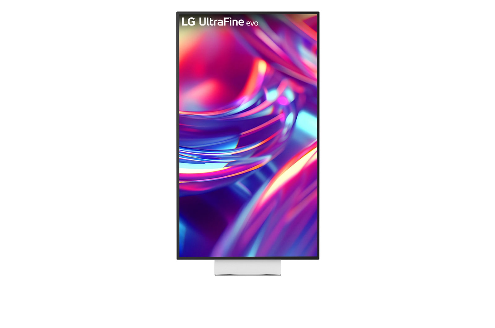 Egy LG UltraFine evo monitor absztrakt, színes grafikával a képernyőn.