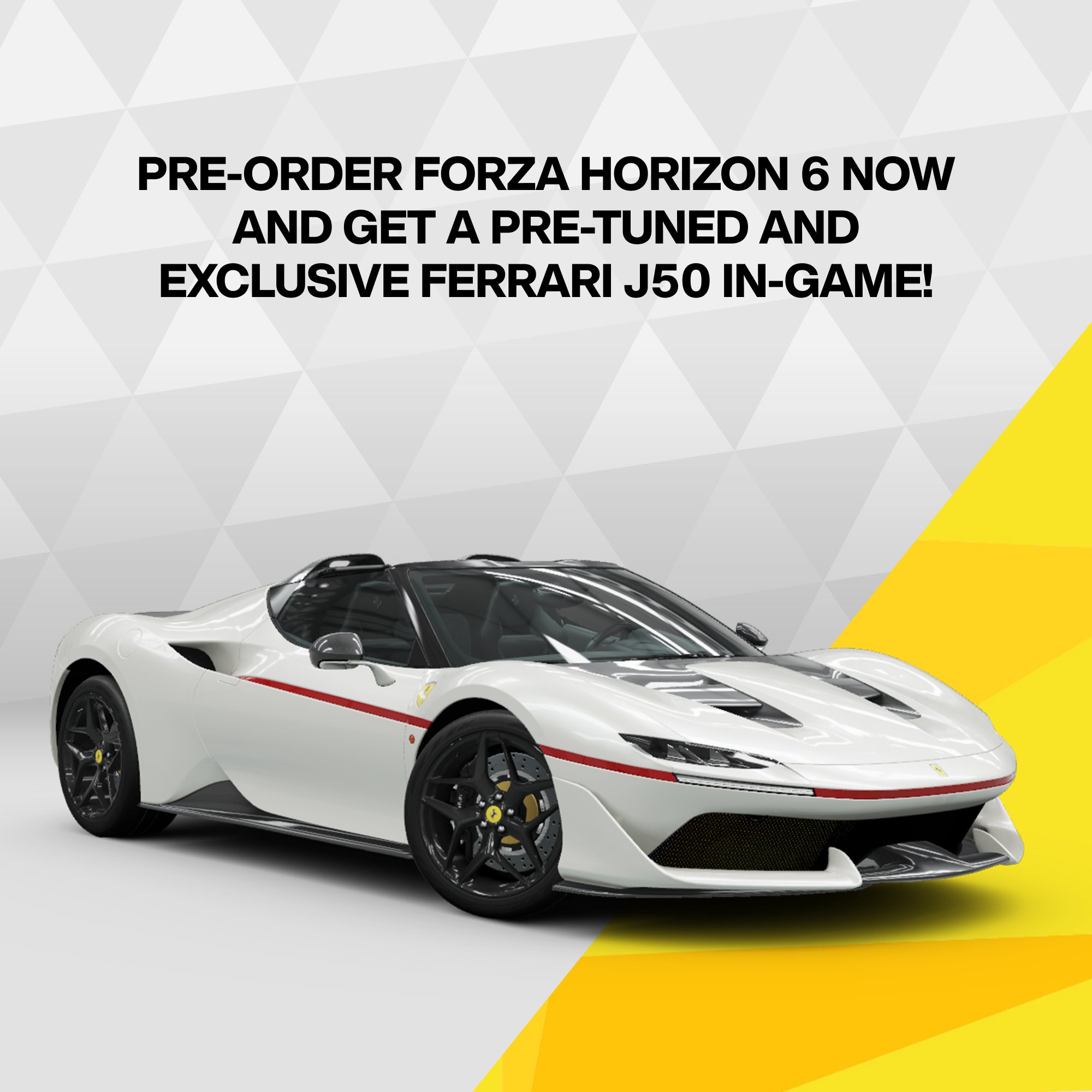 Ferrari J50 blanche avec bande rouge, précommandez Forza Horizon 6.