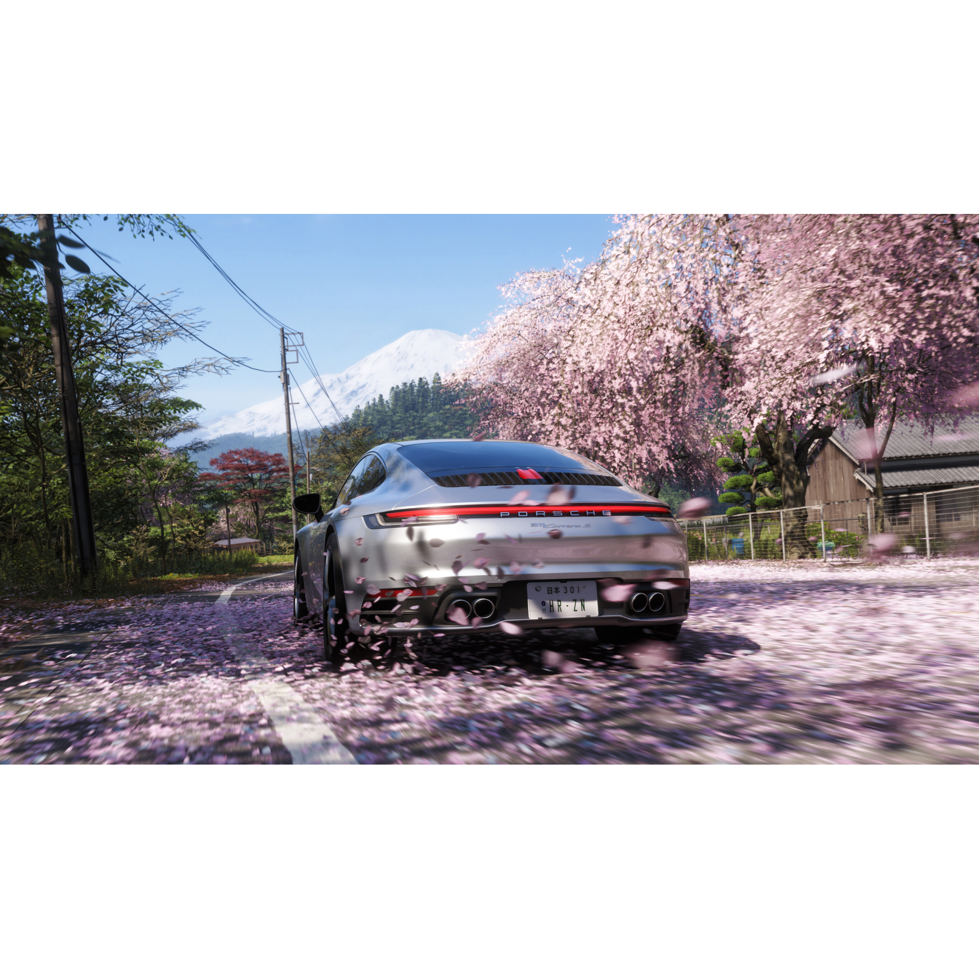Porsche argentée roule sur une route couverte de fleurs de cerisier.