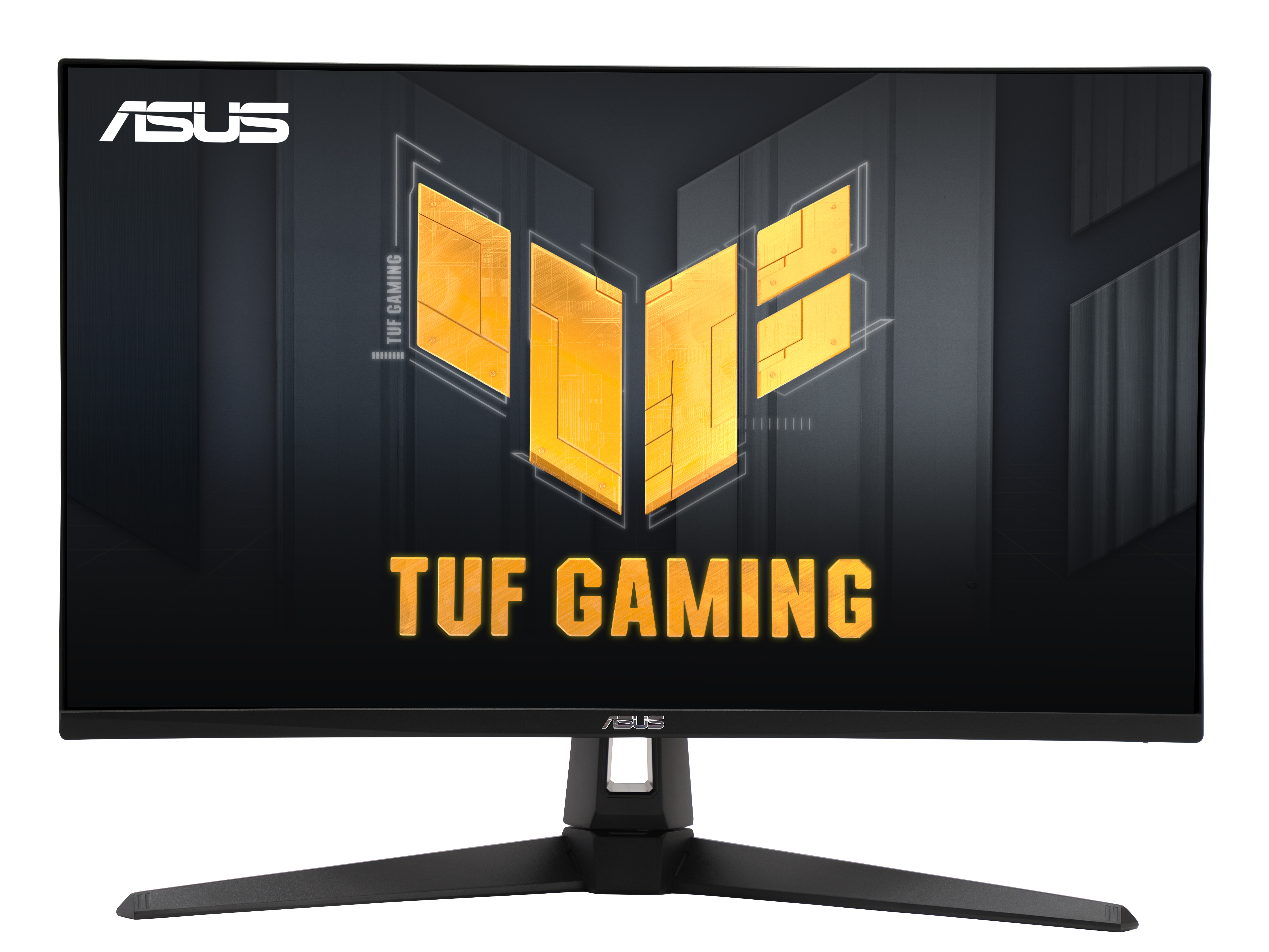 Ein ASUS TUF Gaming Monitor mit gelbem Logo und schwarzem Ständer.