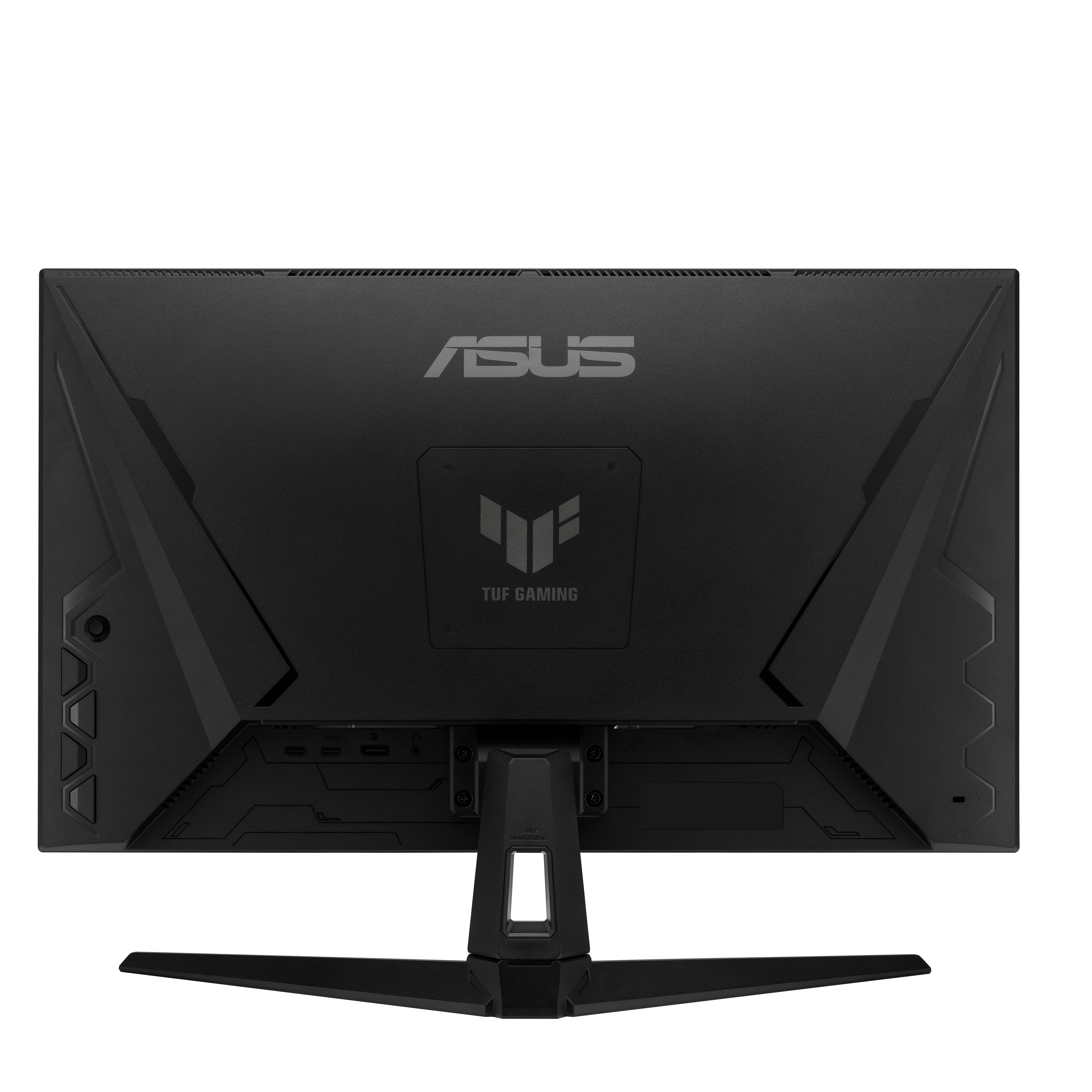 Rückseite eines schwarzen Asus Gaming-Monitors mit Anschlüssen und Standfuß.