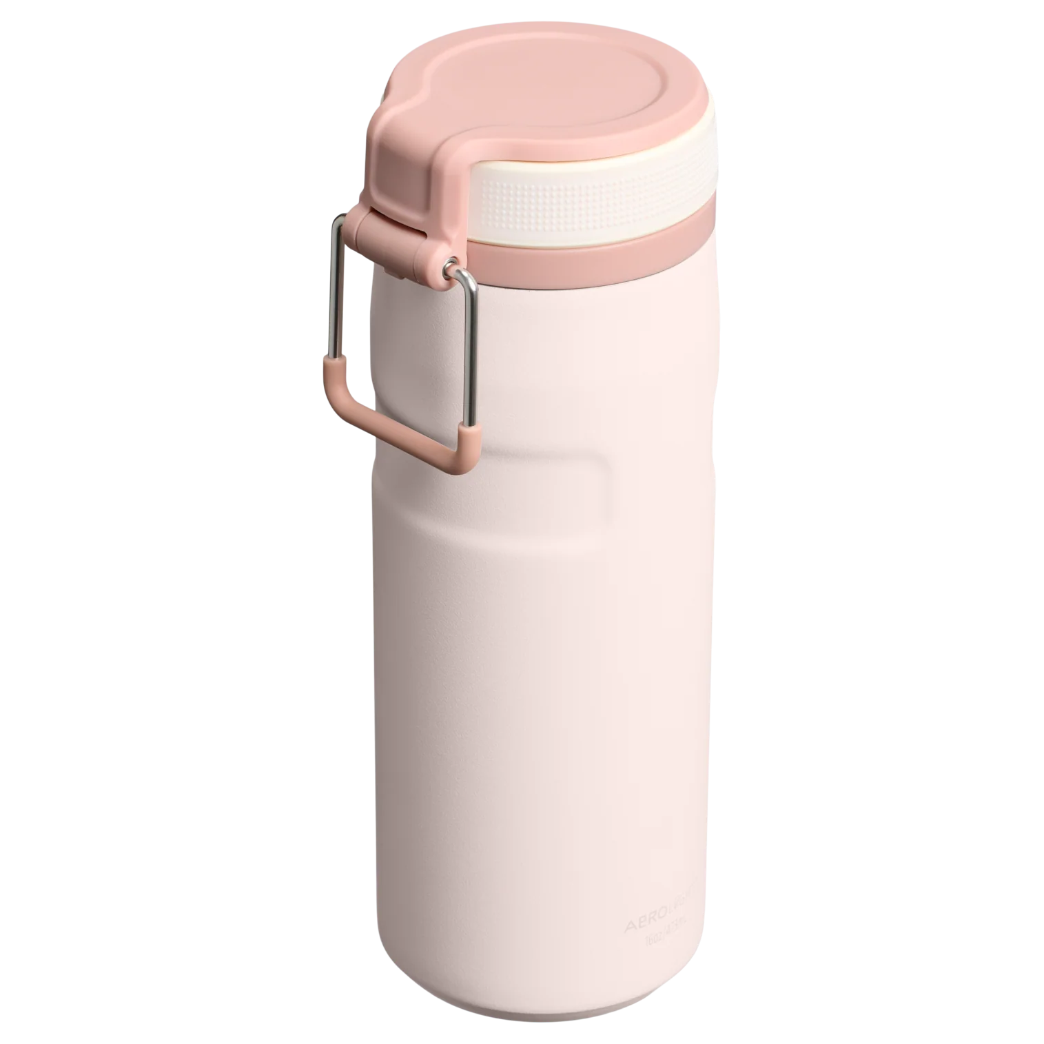 Soluk krem rengi termos, pembe ve beyaz kapaklı, gümüş saplı.