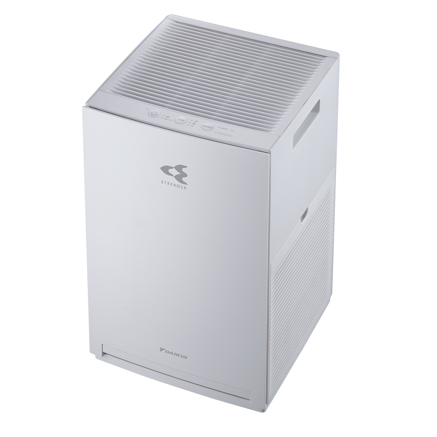 Havalandırma deleri ve kontrol düğmeleri olan beyaz bir Daikin hava temizleyici.
