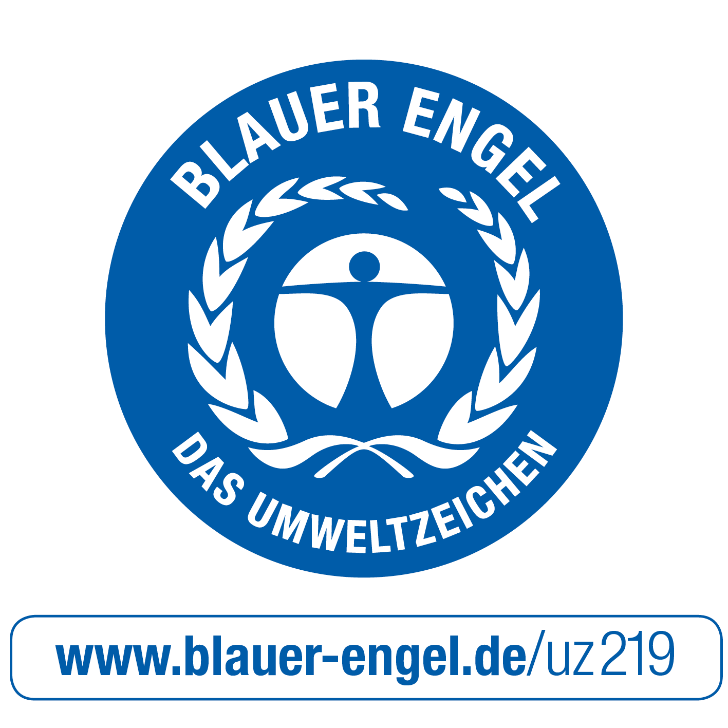 Blauer Engel Siegel mit menschlicher Figur und Lorbeerkranz. Website unten.