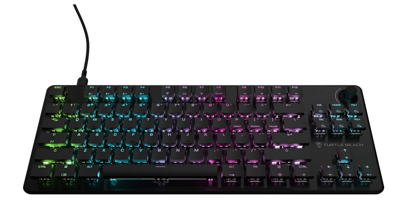 Eine schwarze mechanische Tastatur mit lebendiger RGB-Beleuchtung, die einen Farbverlauf von Grün links nach Pink rechts zeigt.
