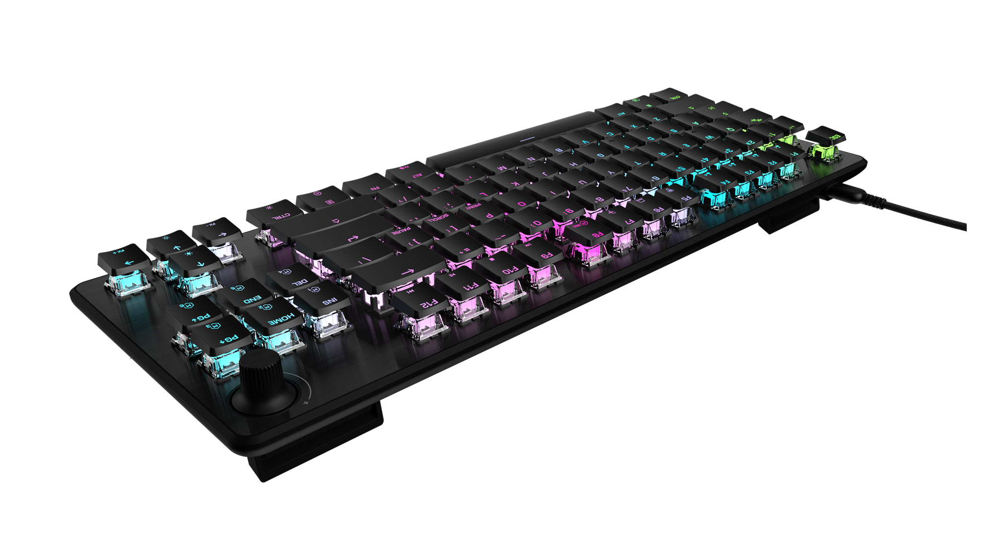 Schwarze mechanische Tastatur mit RGB-Hintergrundbeleuchtung, Nahaufnahme.