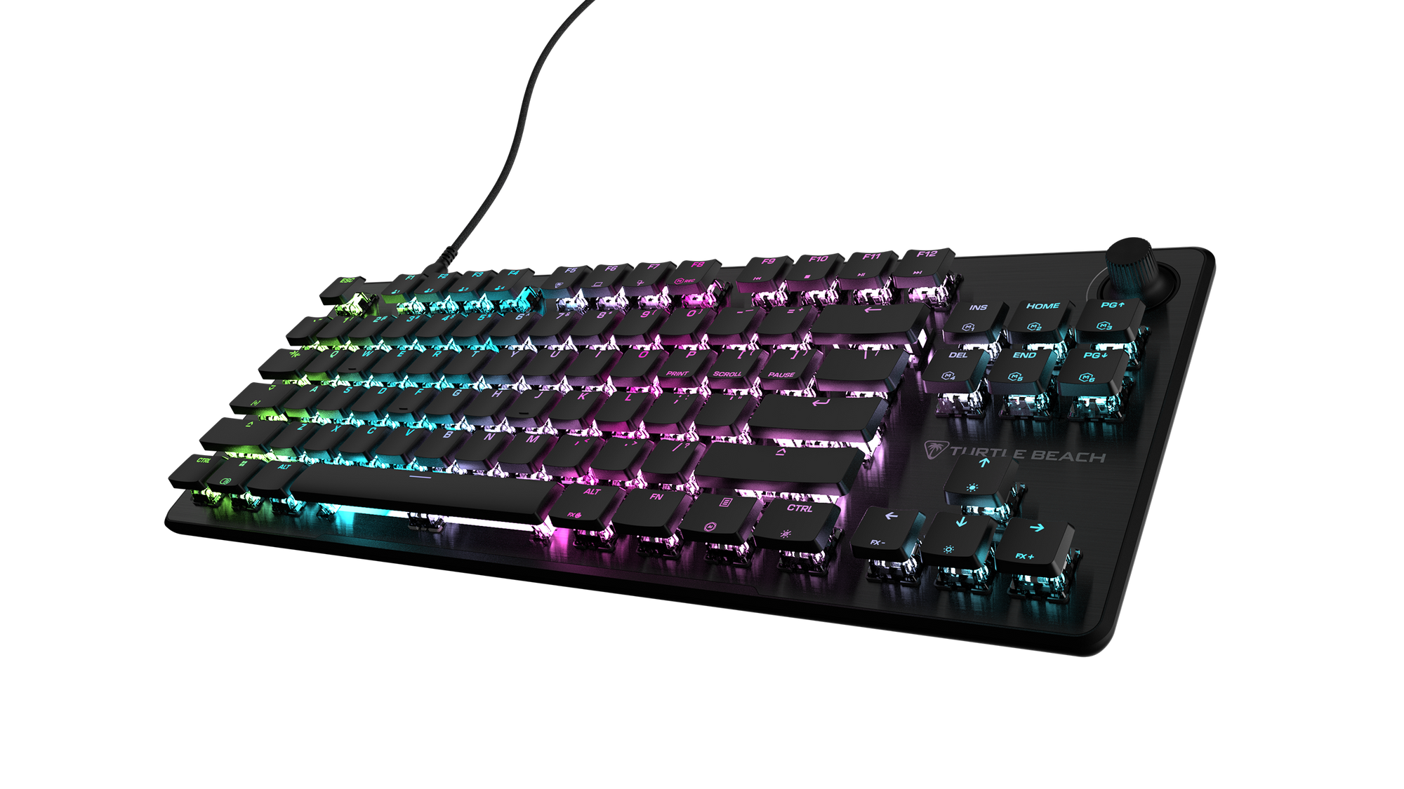 Schwarze Tastatur mit RGB-Beleuchtung, seitlich betrachtet.