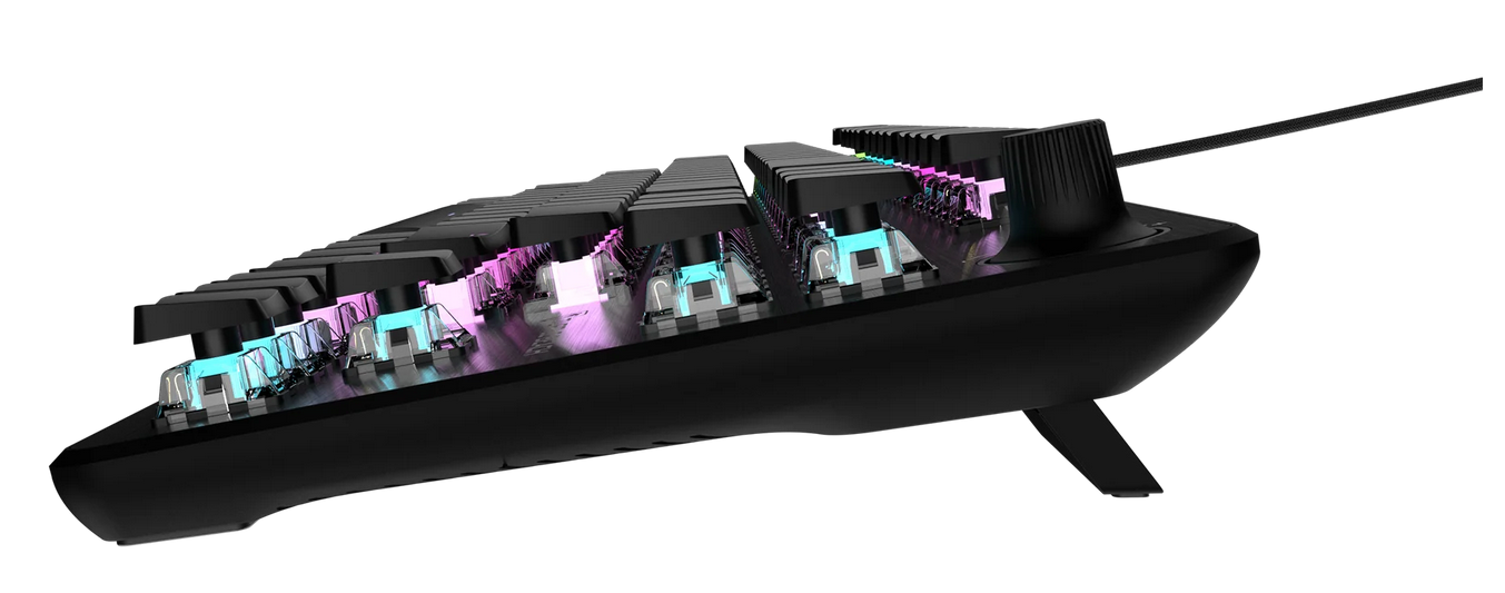 Schwarze Tastatur mit beleuchteten Tasten in Blau und Pink.