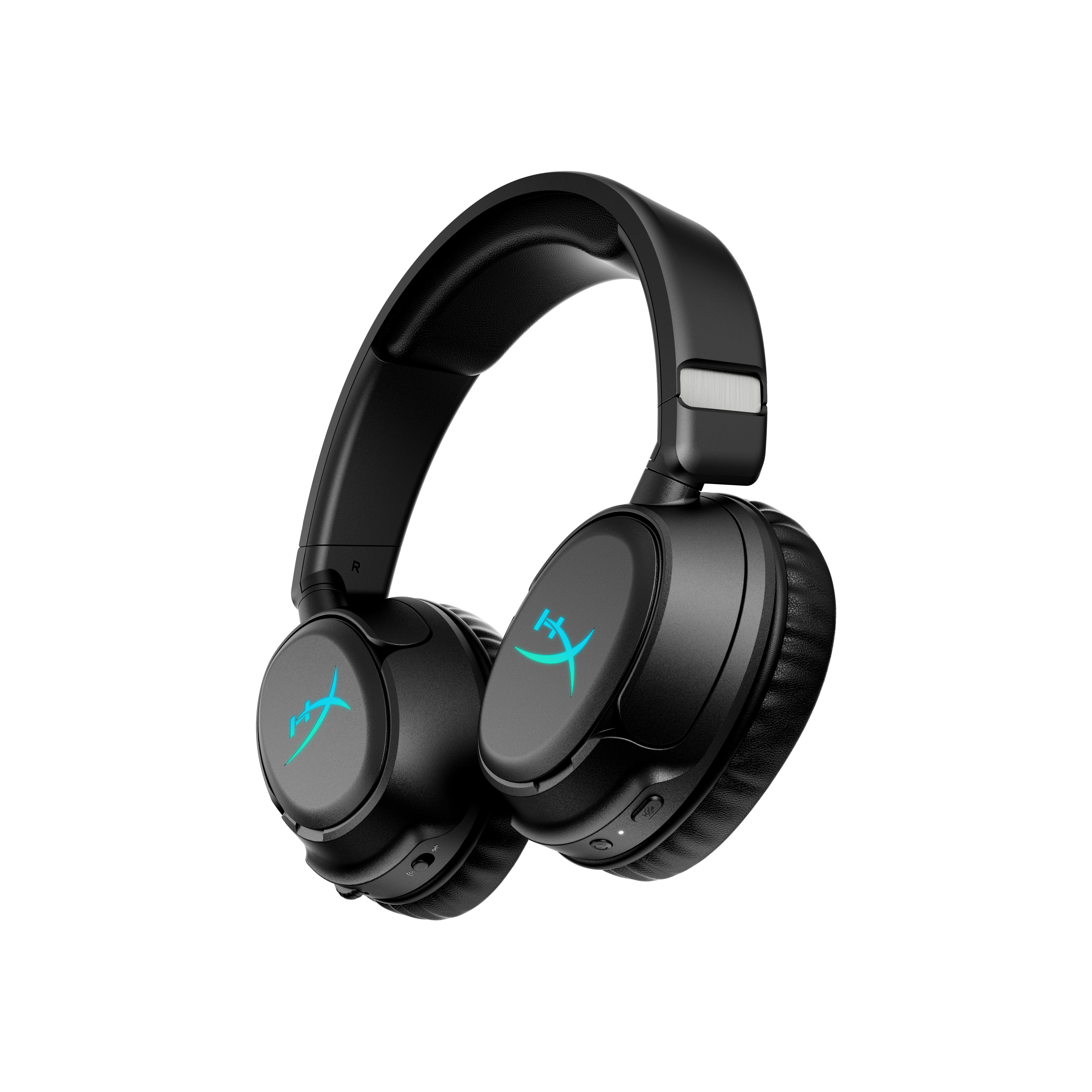 Auriculares negros con logos verde azulado brillantes en las orejeras.
