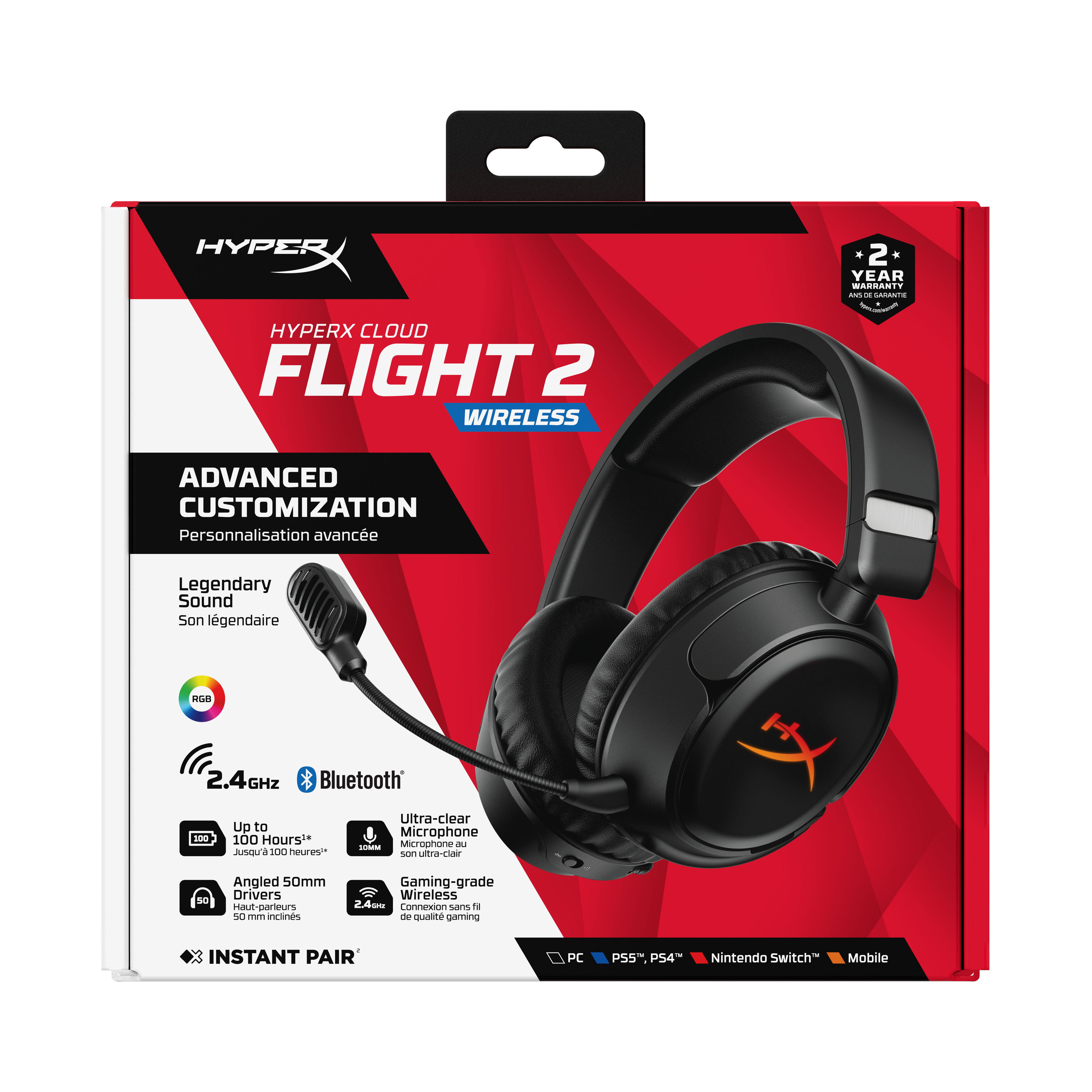 Empaque de audífonos HyperX Cloud Flight 2 Wireless con características del producto.