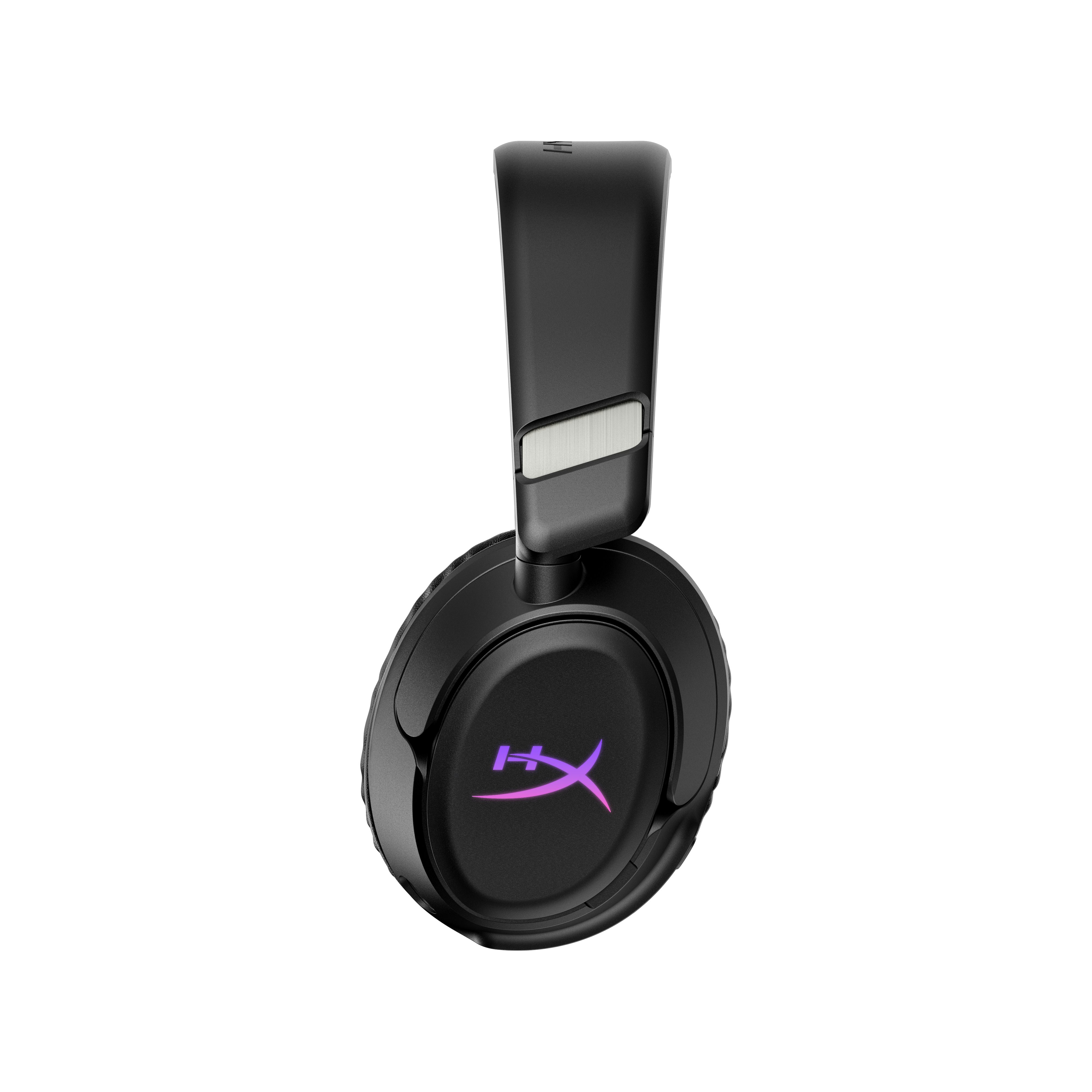 Auriculares negros con logo morado y detalles plateados sobre fondo blanco.