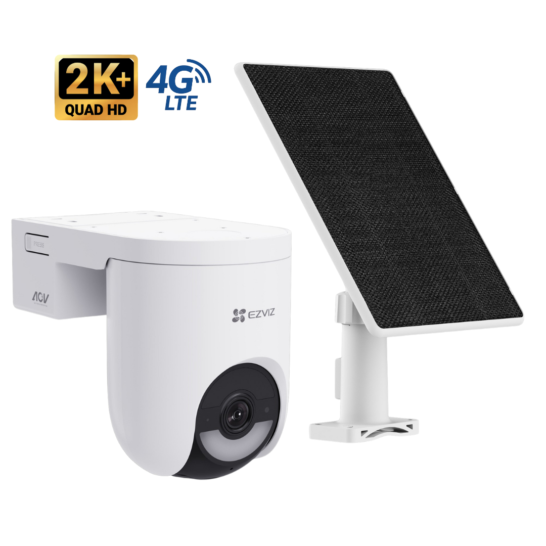 Weiße Überwachungskamera mit Solarpanel, 2K+ Quad HD, 4G LTE.
