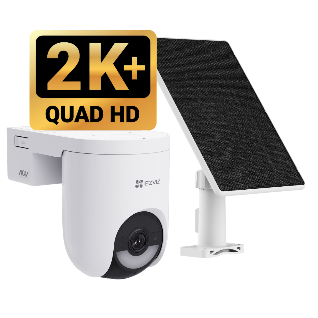 Weiße Überwachungskamera mit Solarpanel und 2K+ Quad HD-Logo.