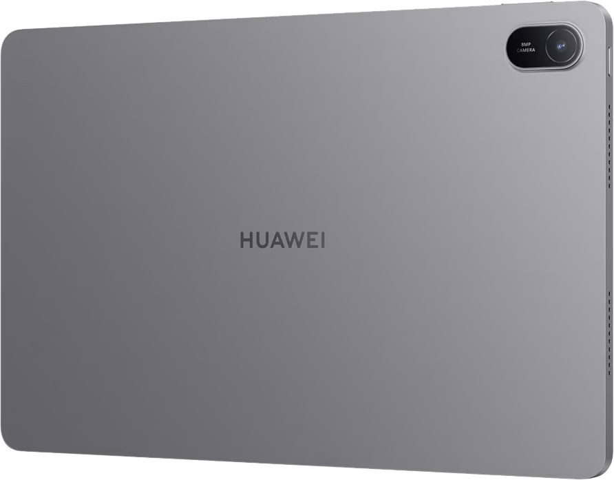Szürke Huawei tablet, hátulnézet, kamera és logó látható.