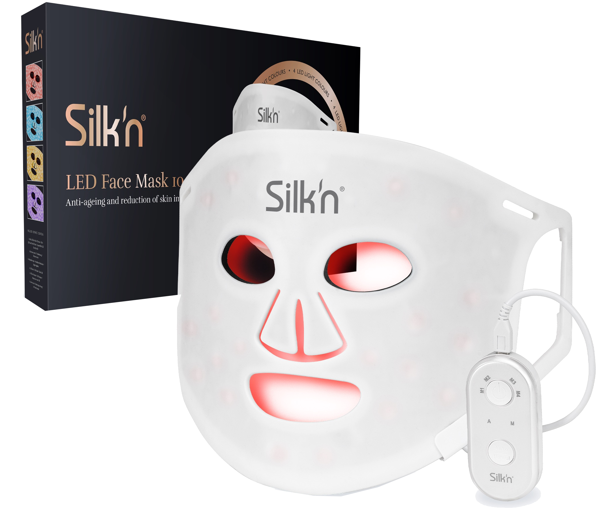 Eine weiße LED-Gesichtsmaske mit rotem Licht und ein dunkles Produktkarton.