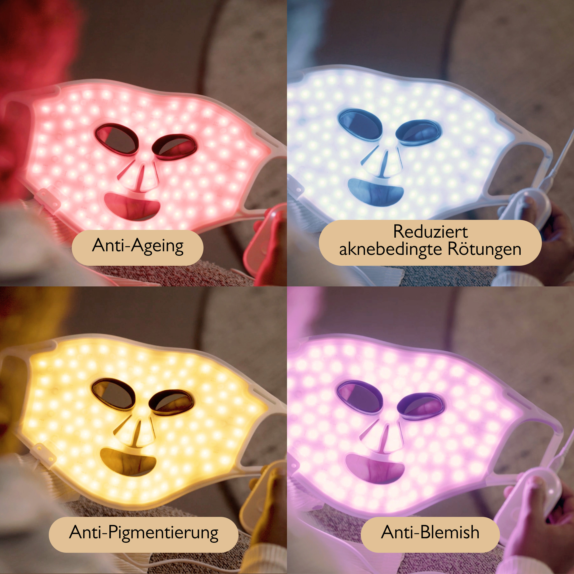 Vier LED-Gesichtsmasken zeigen verschiedene Farben und Behandlungen.